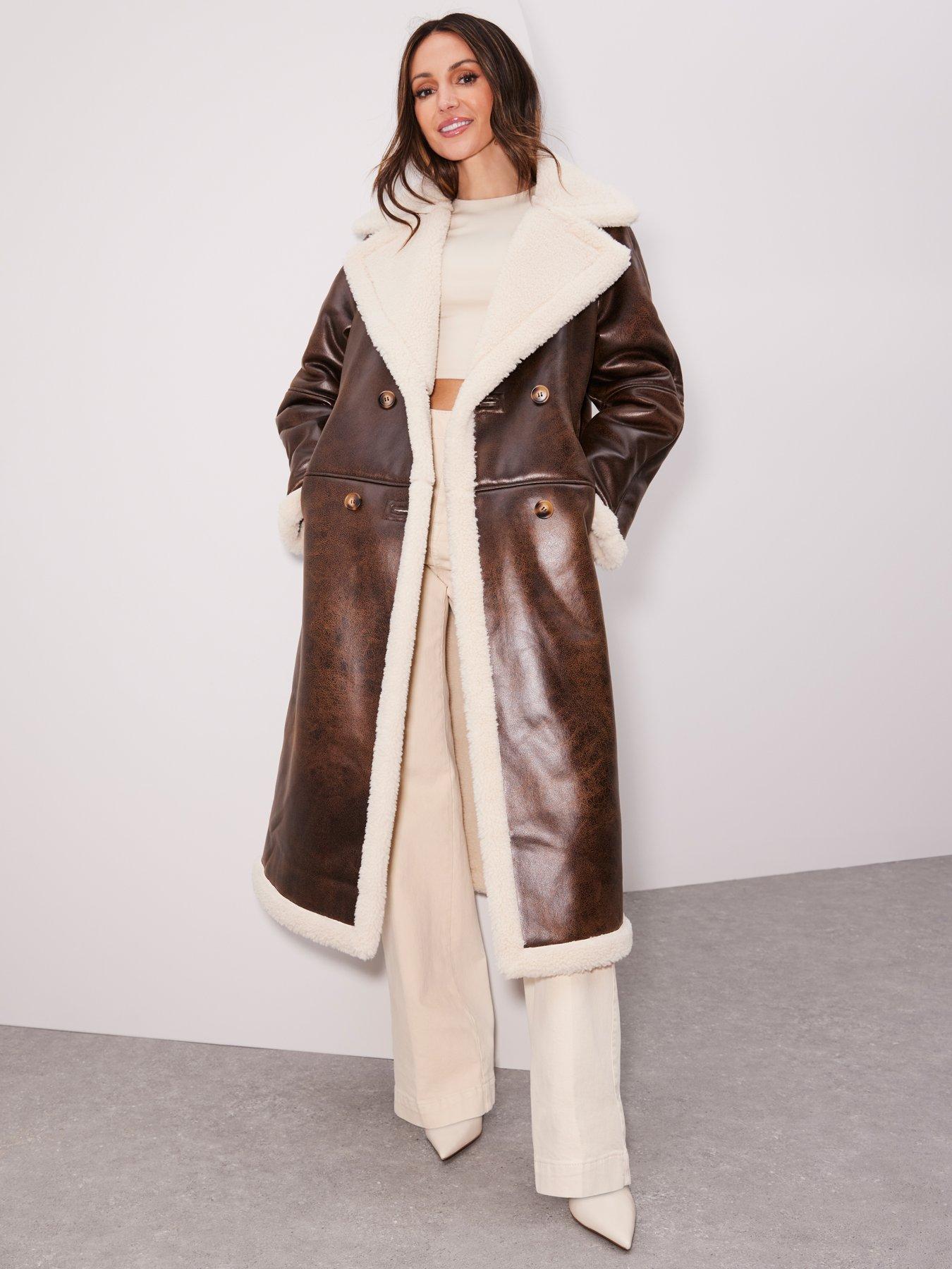 Michelle Keegan Longline Faux Shearling Coat Brown Very