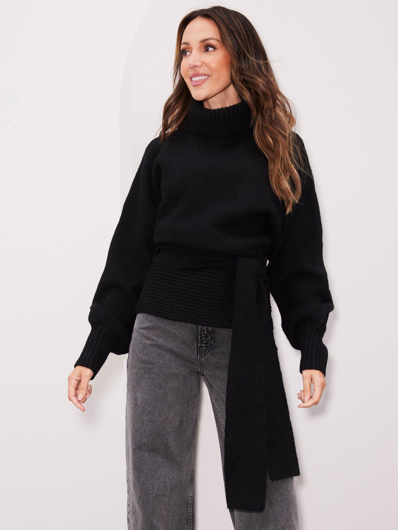 undefined Knitted Wrap Belted Waist Jumper - Black