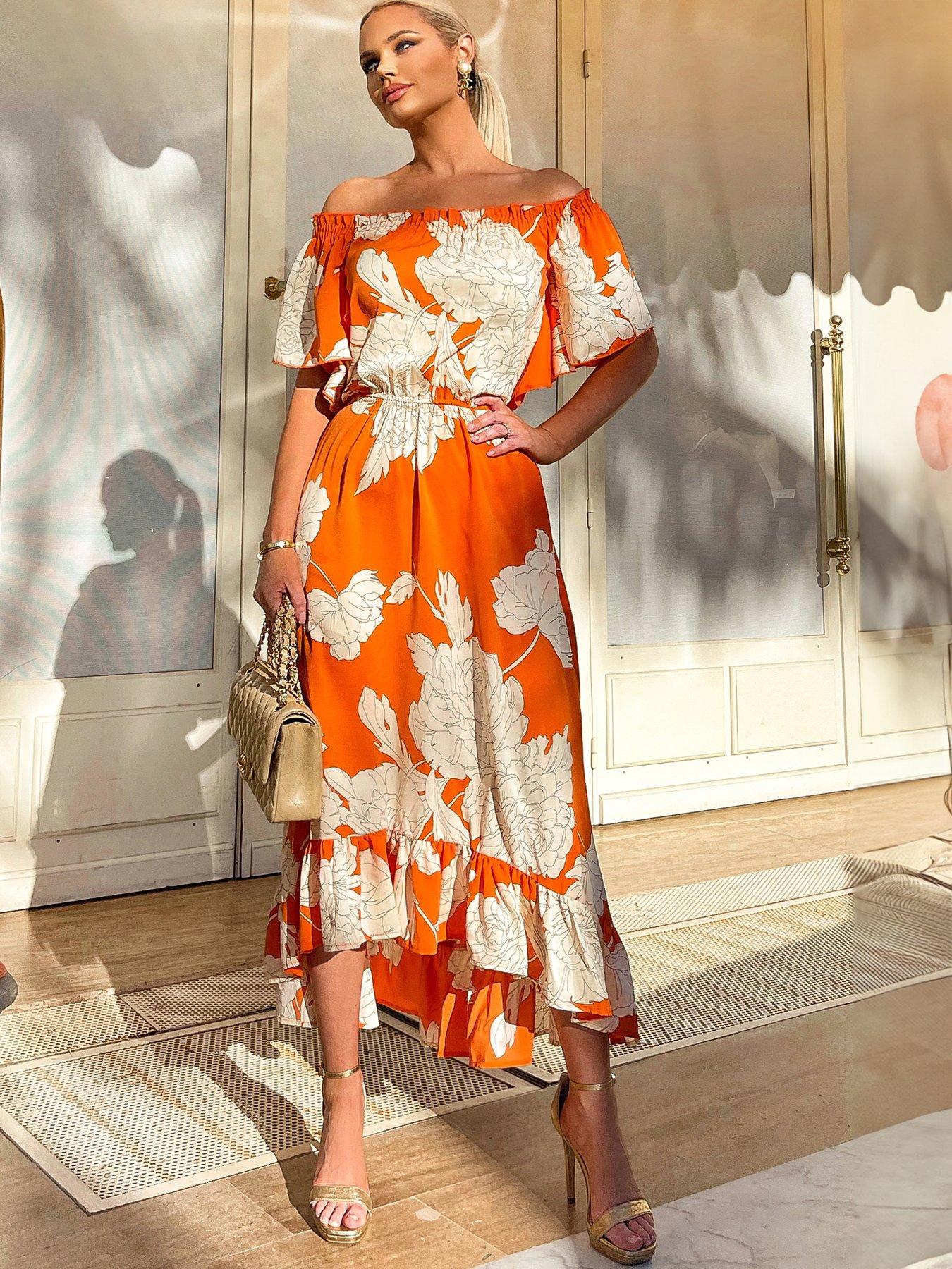 Blood Orange Printed Bardot Style Midi Dress