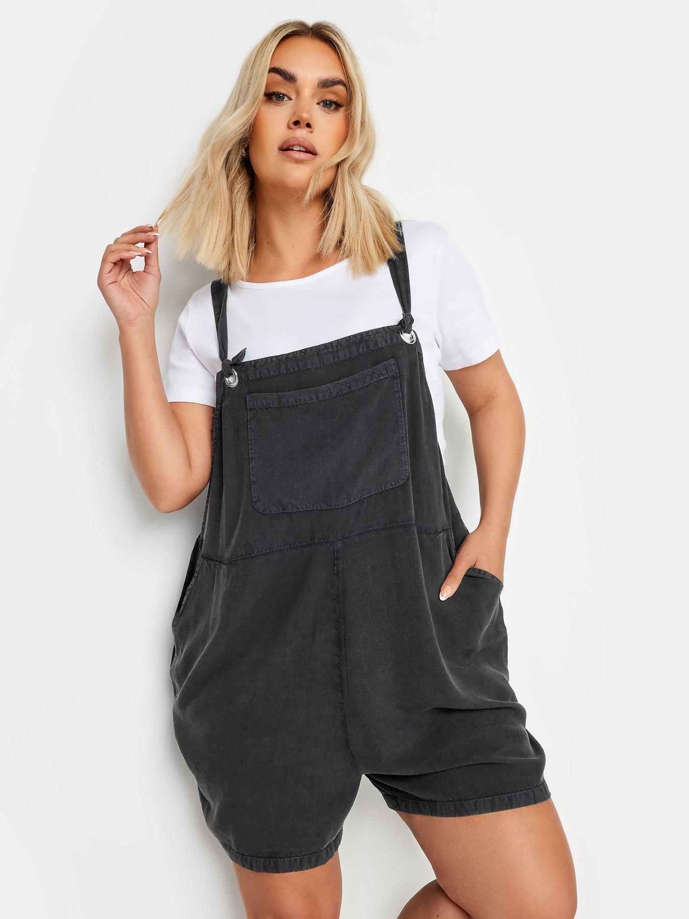 Yours Curve Dungaree Short Chambray Washed Black Very