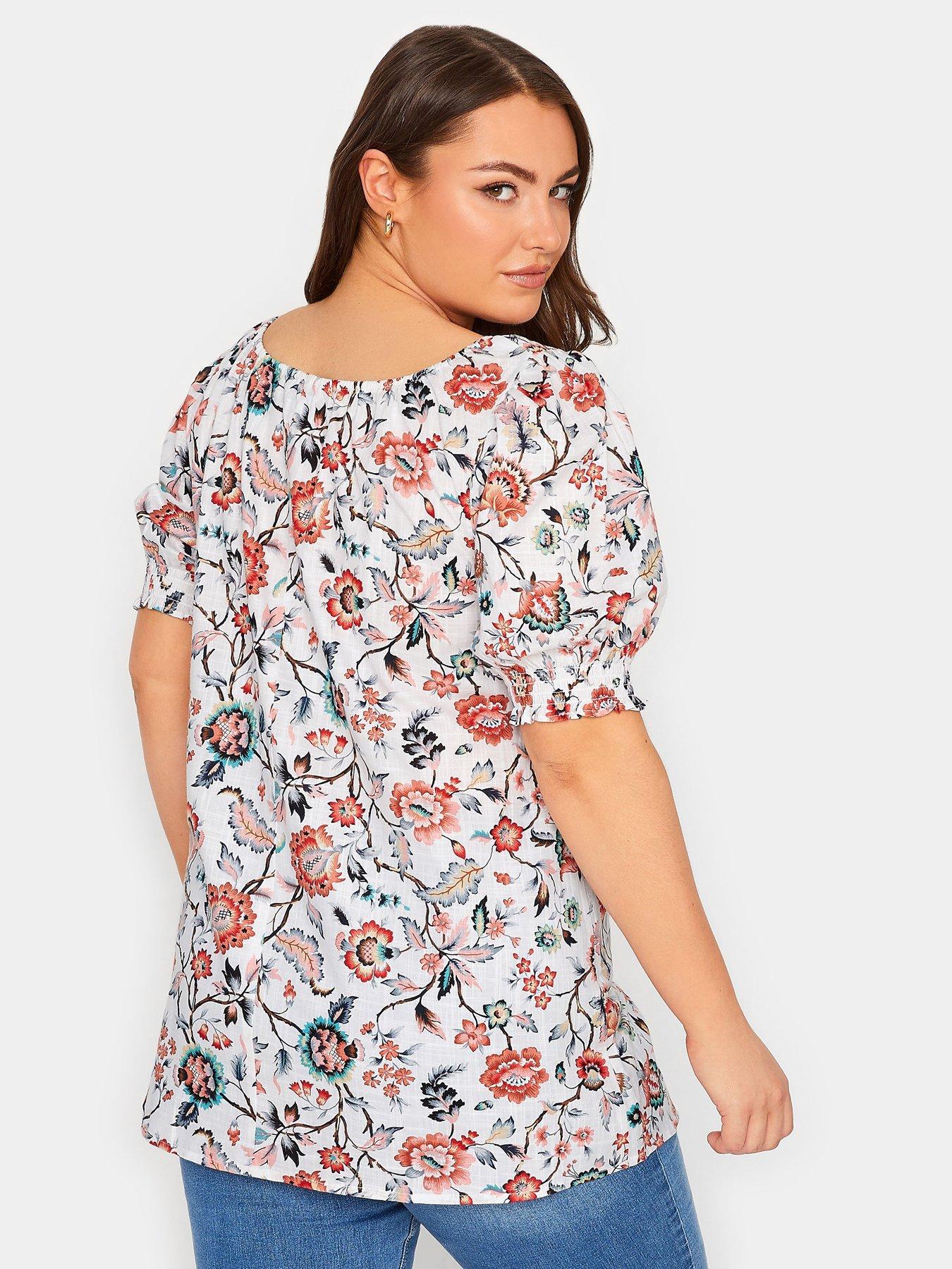 Yours Curve Gypsy Top White & Coral Oriental Print | Very