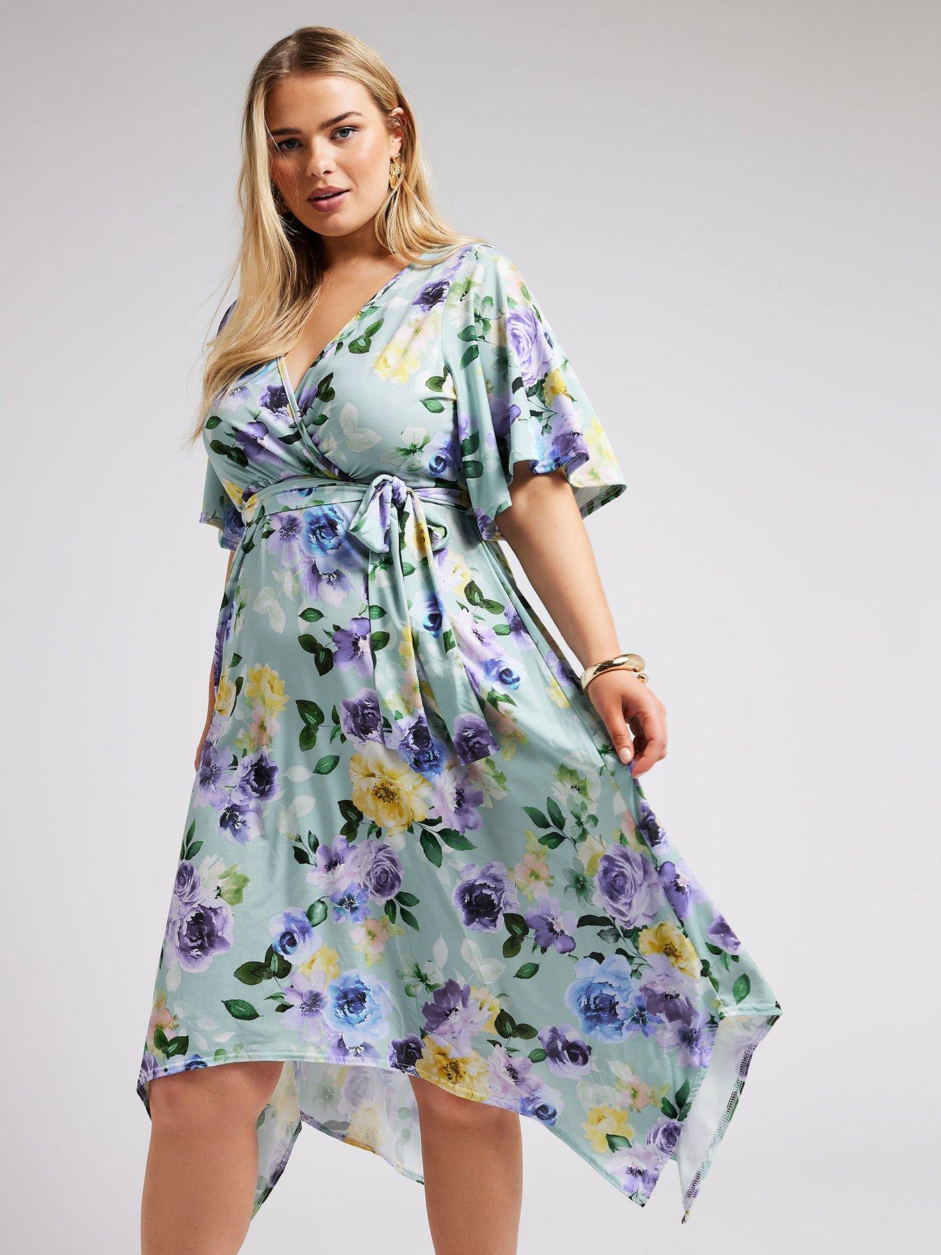 Yours Curve Floral Hanky Hem Wrap Dress Green Very