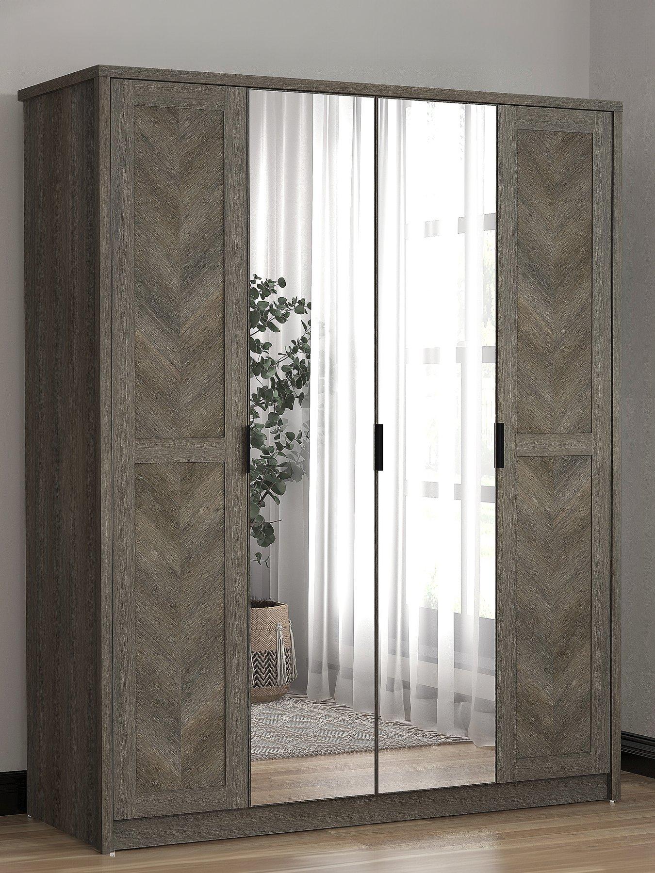 undefined Chevry 4 Door Mirrored Wardrobe - Grey Oak