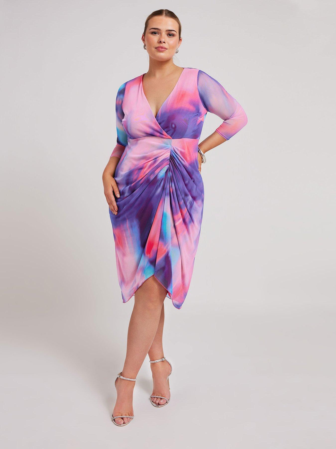 Curve Abstract Wrap Gathered Skirt Dress Purple