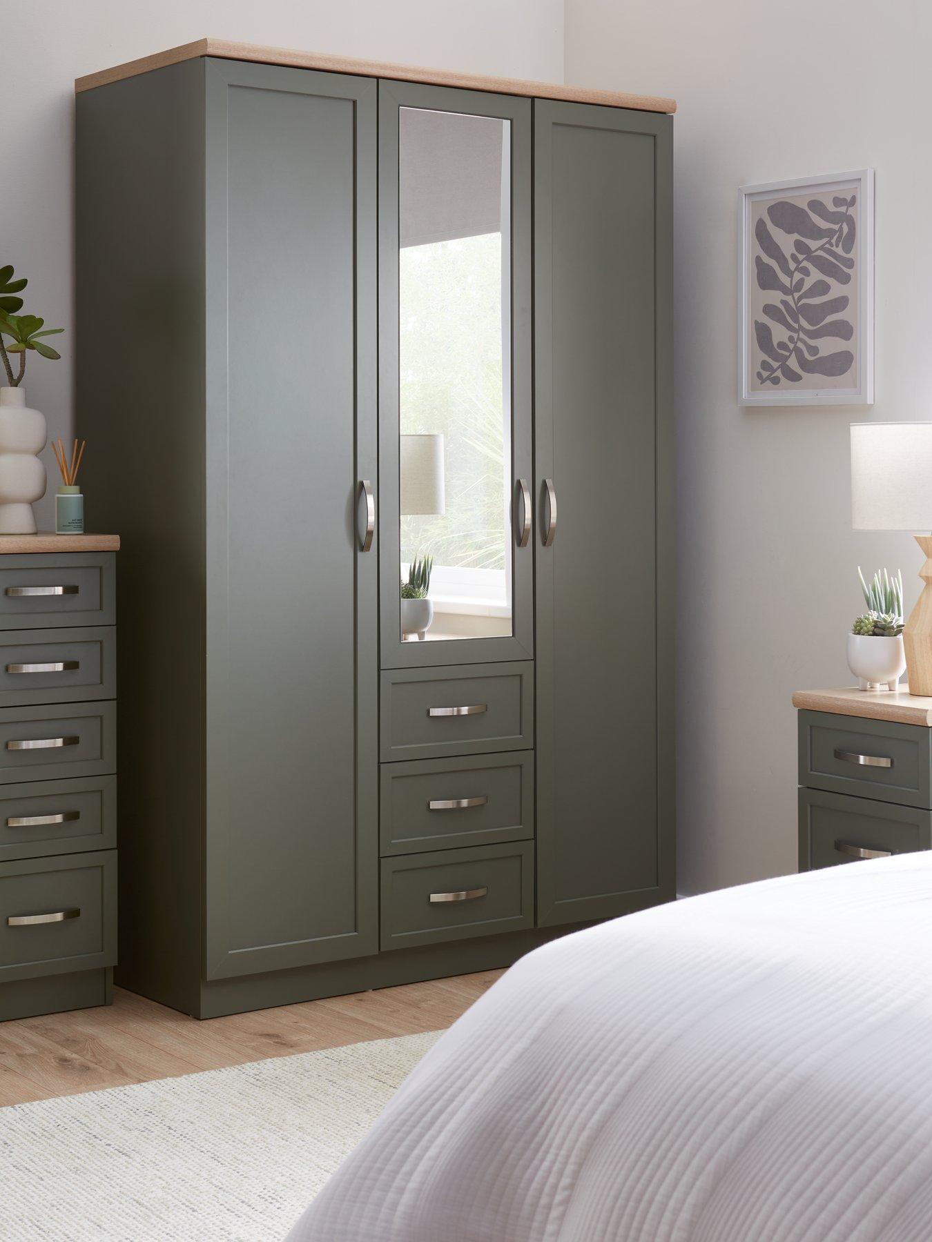 undefined Camberley 3 Door, 3 Drawer Mirrored Wardrobe - Green