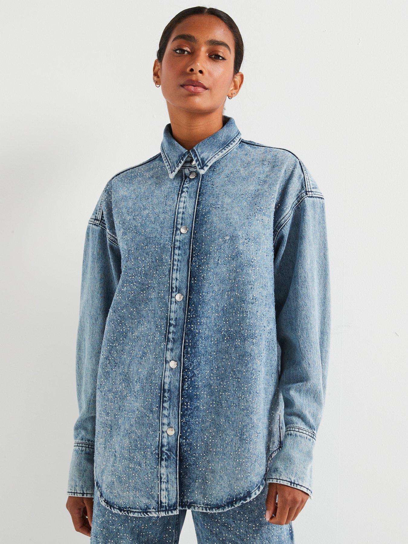 undefined Embellished Distressed Denim Shirt - Blue