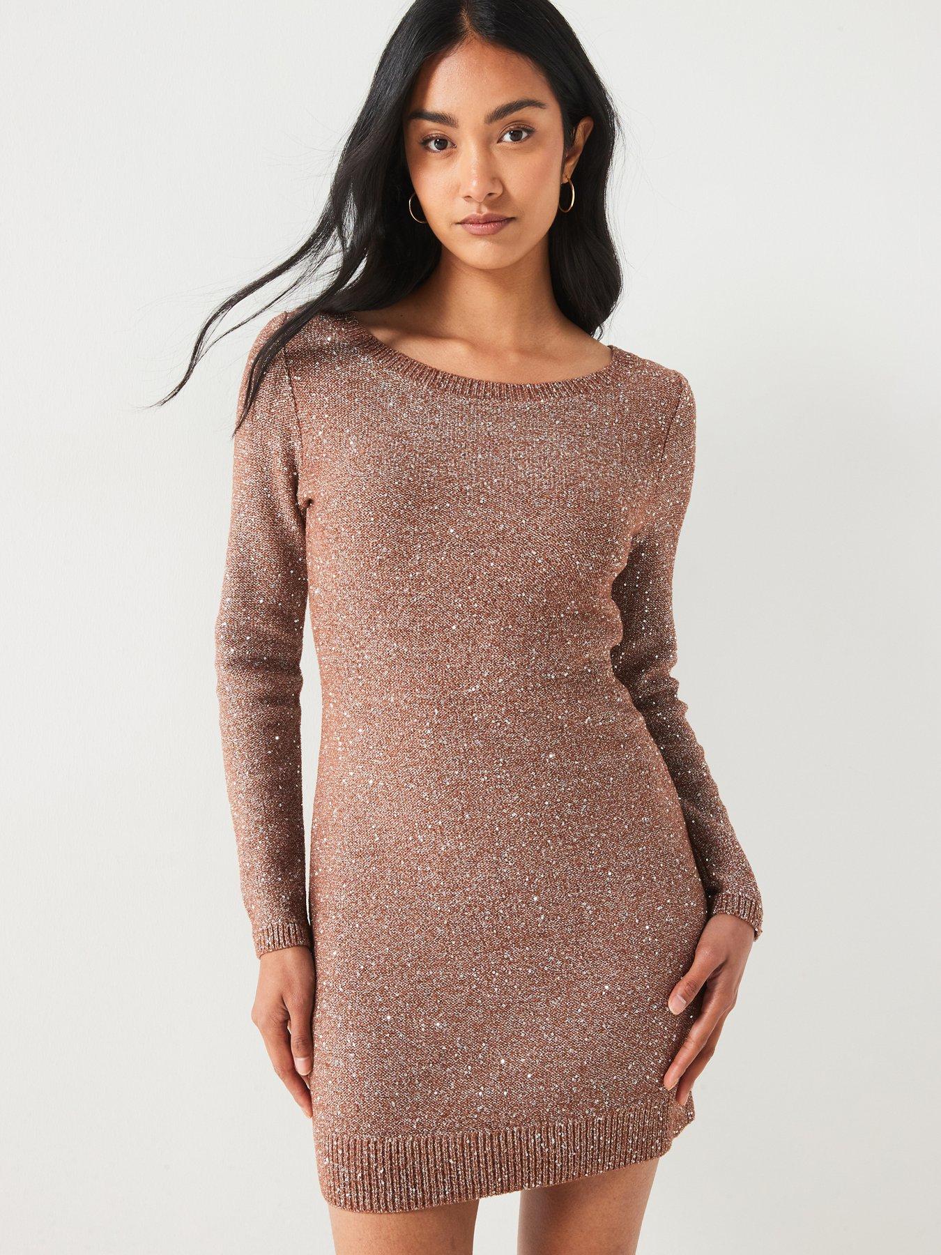 MIRACLE LONG SLEEVE GLITTER MINI DRESS - KHAKI