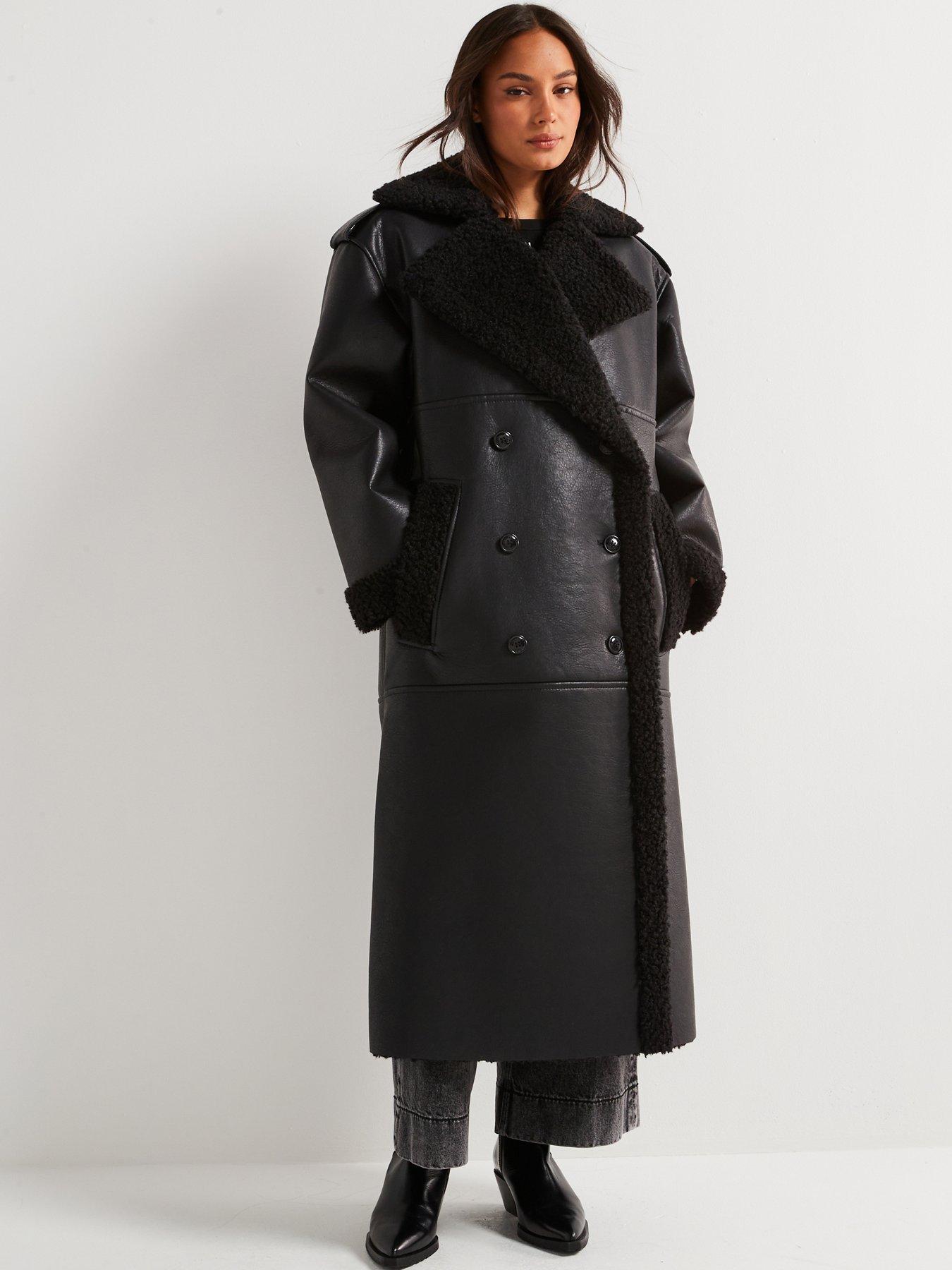 HUGO Mifara Borg Lined Faux Leather Trench Coat Black Very