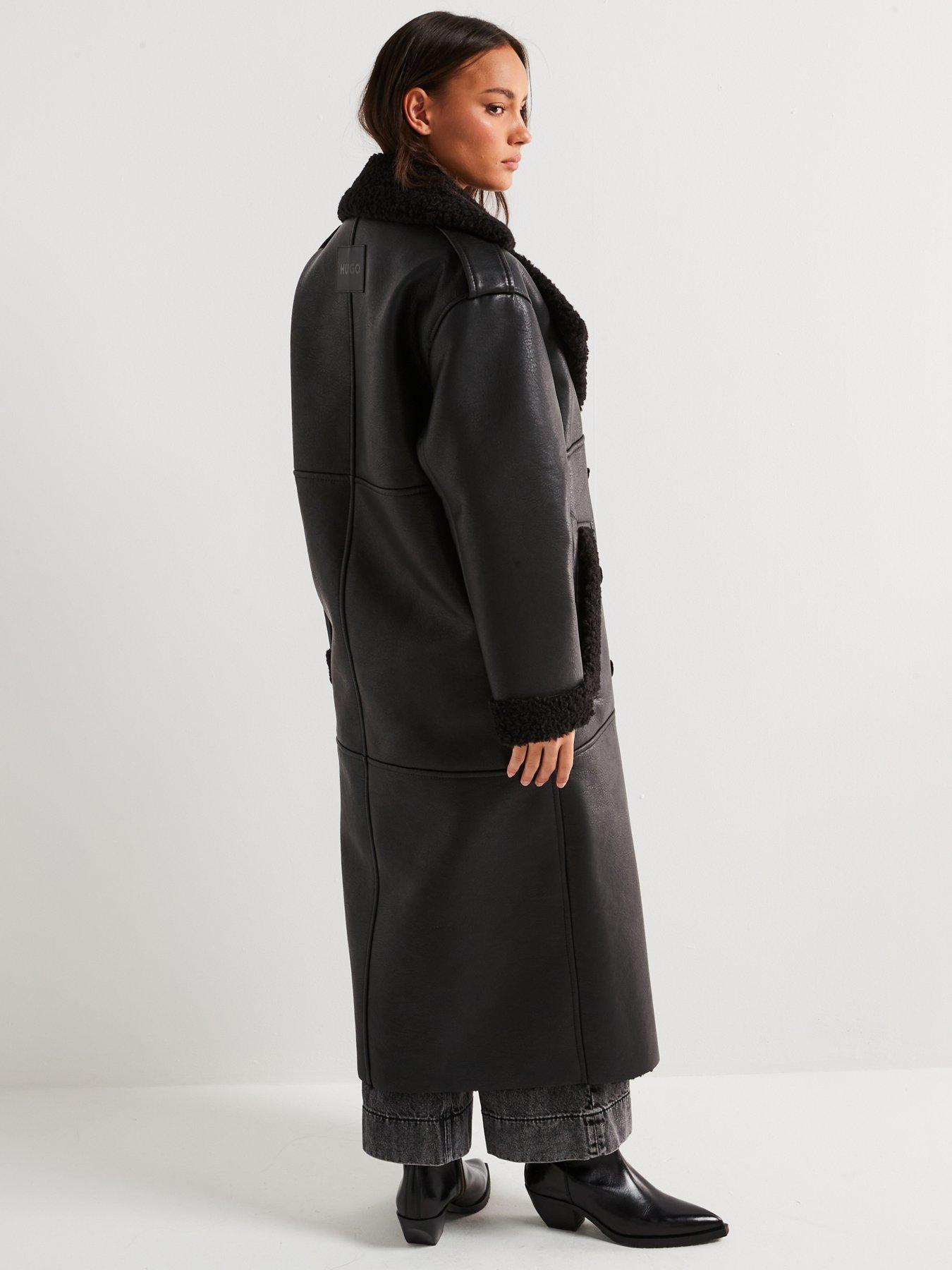 Image 2 of 4 of HUGO Mifara Borg Lined Faux Leather Trench Coat - Black