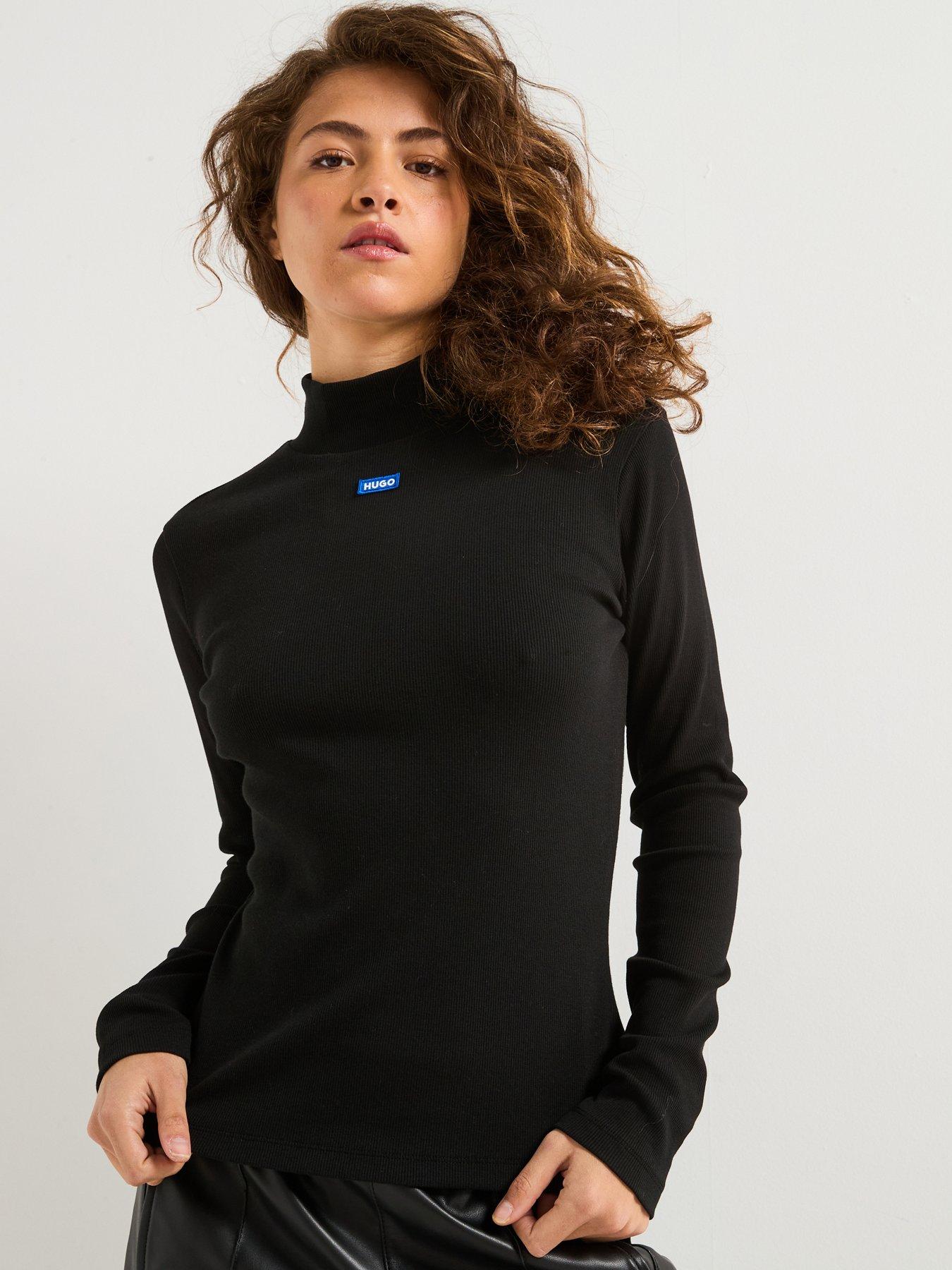 HUGO Easy Long Sleeve Chest Logo Polo Neck Top - Black