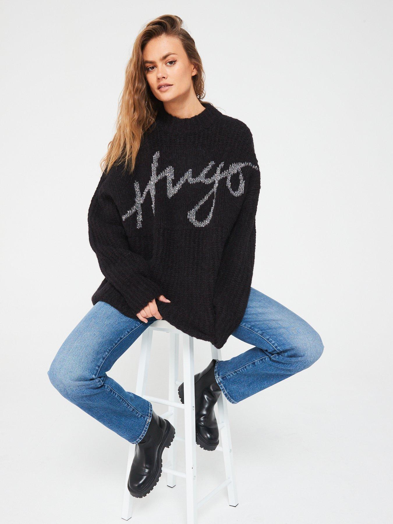 Image 4 of 6 of HUGO Sloguessy Oversized Knitted Jumper - Black