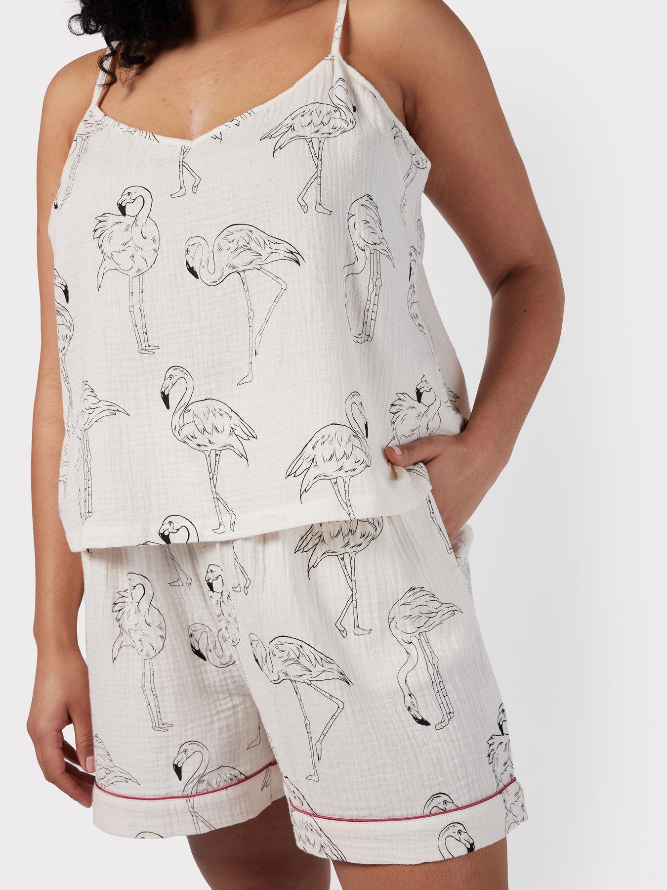 Cotton Cheesecloth Flamingo Sketch Print Short Pyjama Set Off White