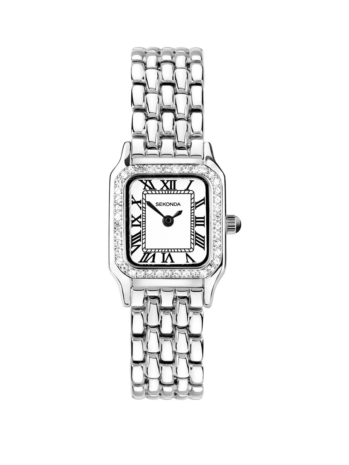undefined Monica Silver Alloy Bracelet with White Dial and Stone-Set Bezel