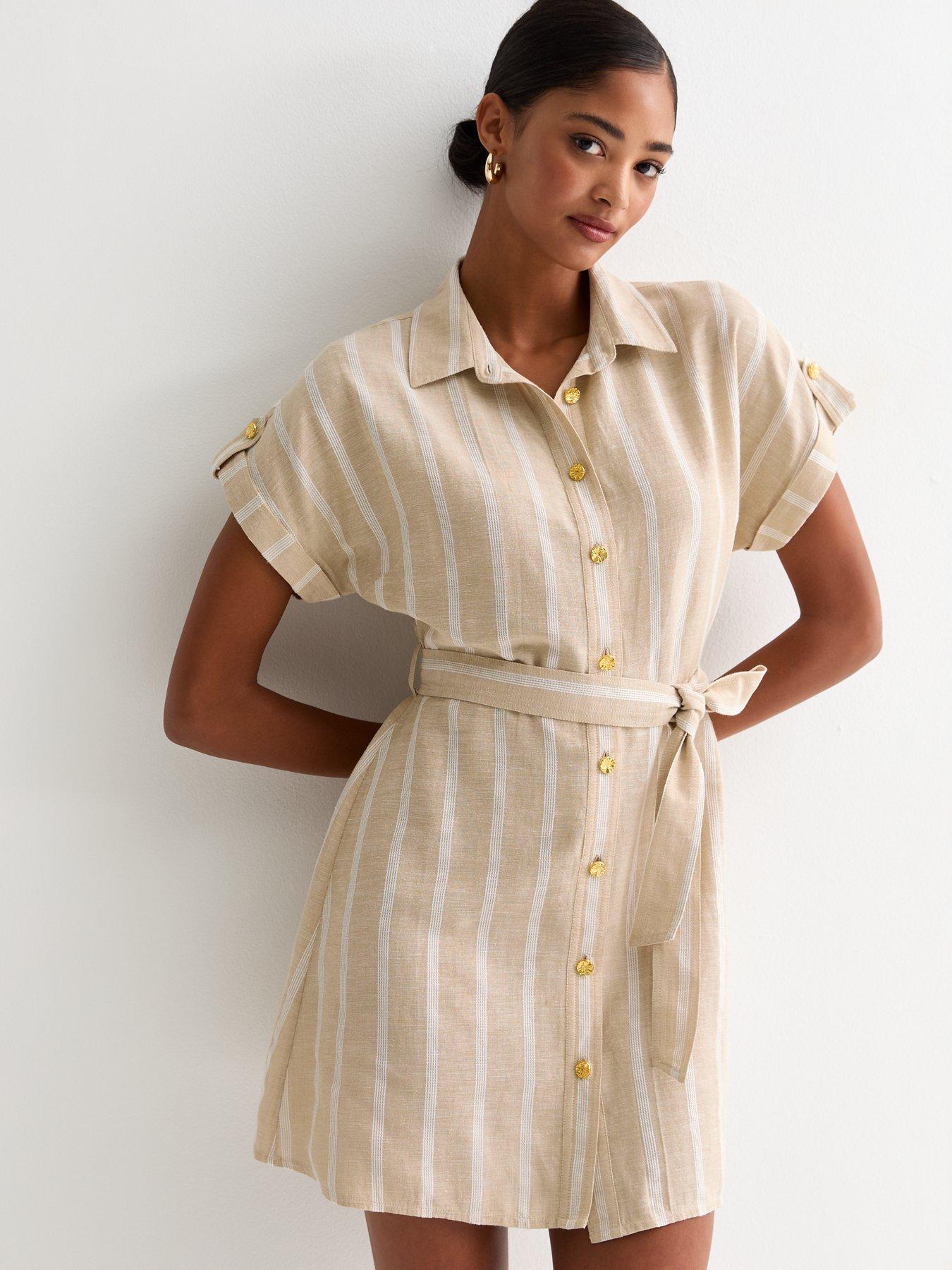 undefined Brown Stripe Pattern Utility Belted Shirt Mini Dress