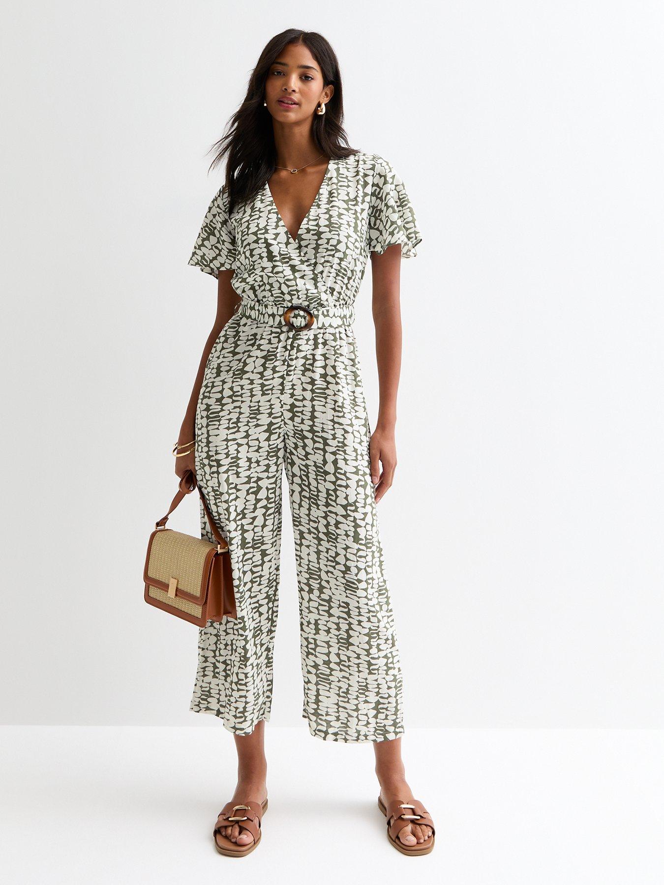 New Look Green Abstract Print Wrap Belted Jumpsuit | Very.co.uk