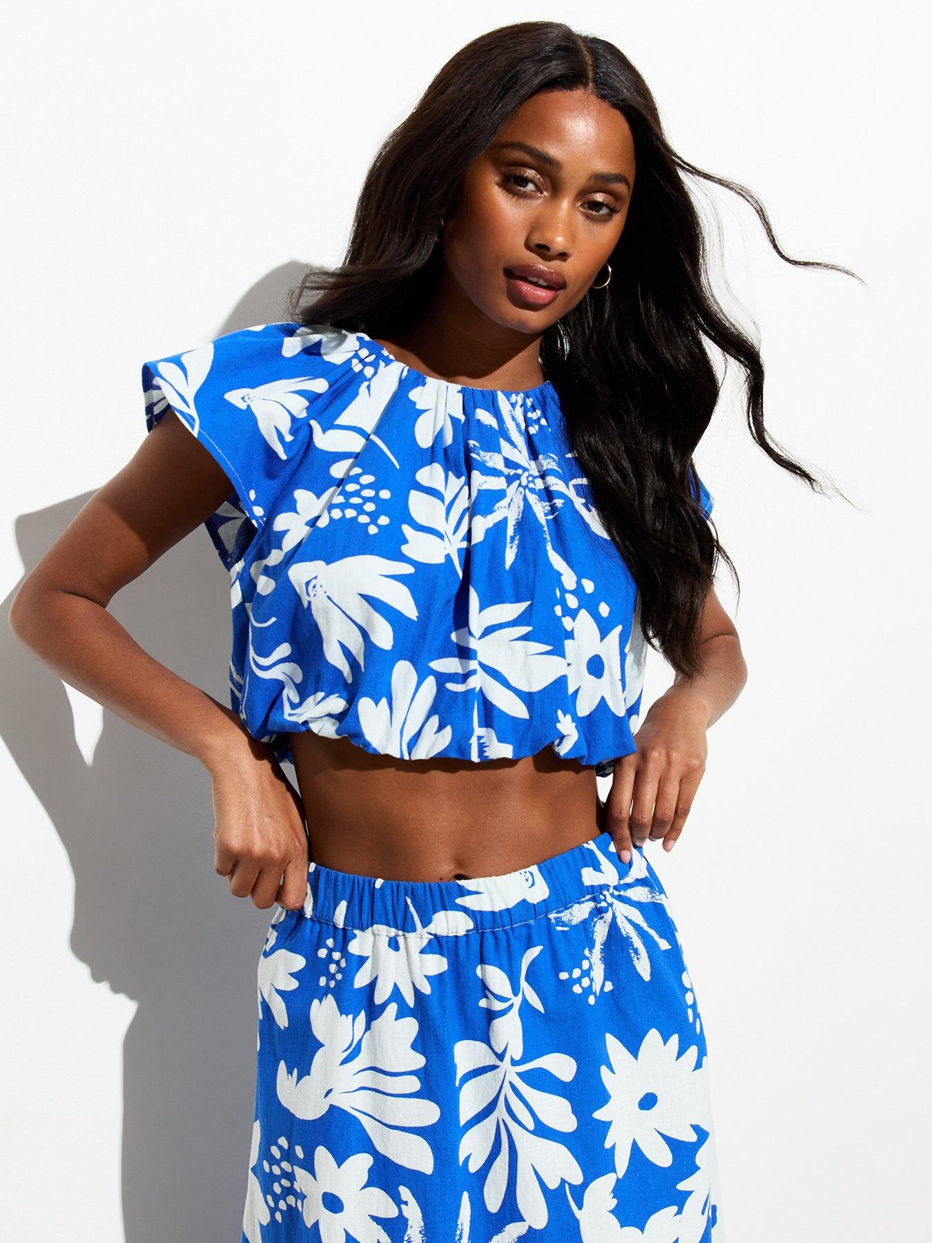 New Look Blue Floral Cropped Back Tie Blouse | Very.co.uk