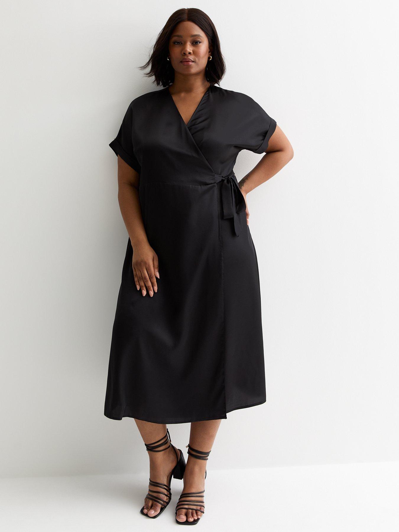 New Look Curves Black Satin Midi Wrap Dress | Very.co.uk