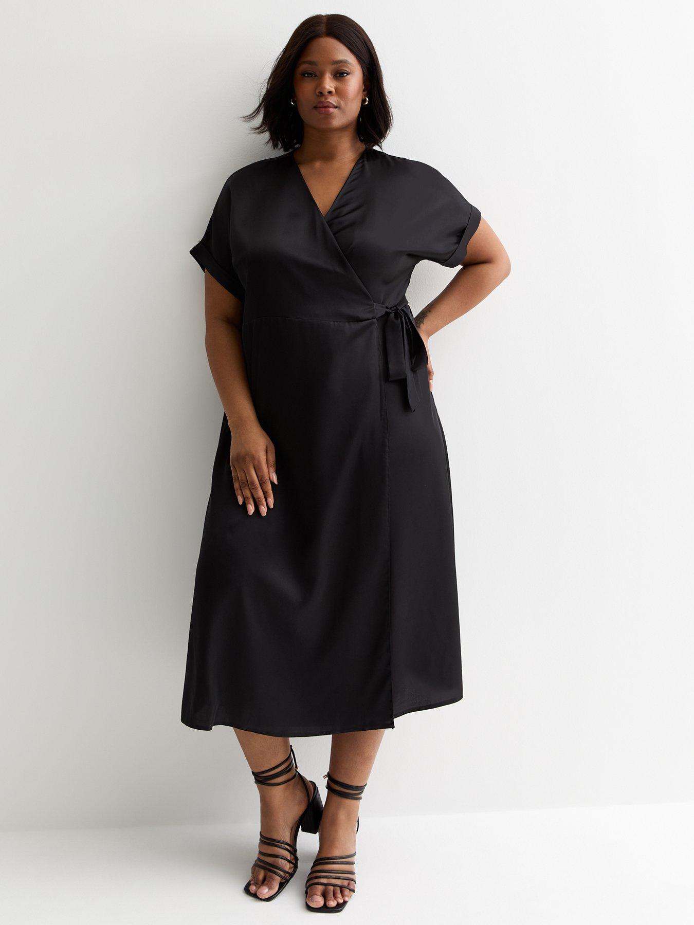 undefined Curves Black Satin Midi Wrap Dress