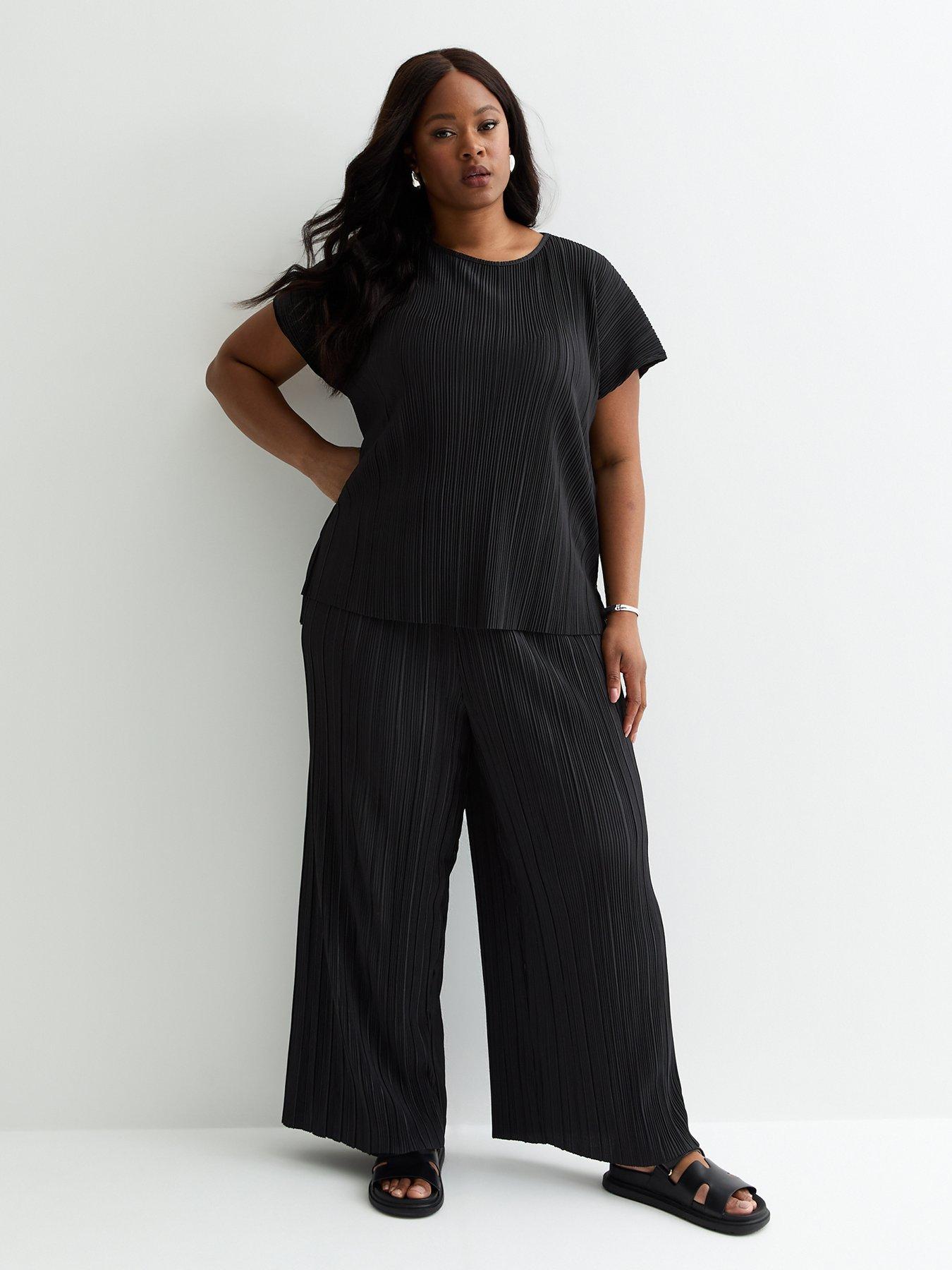 new look curves black plisse wide leg trousers