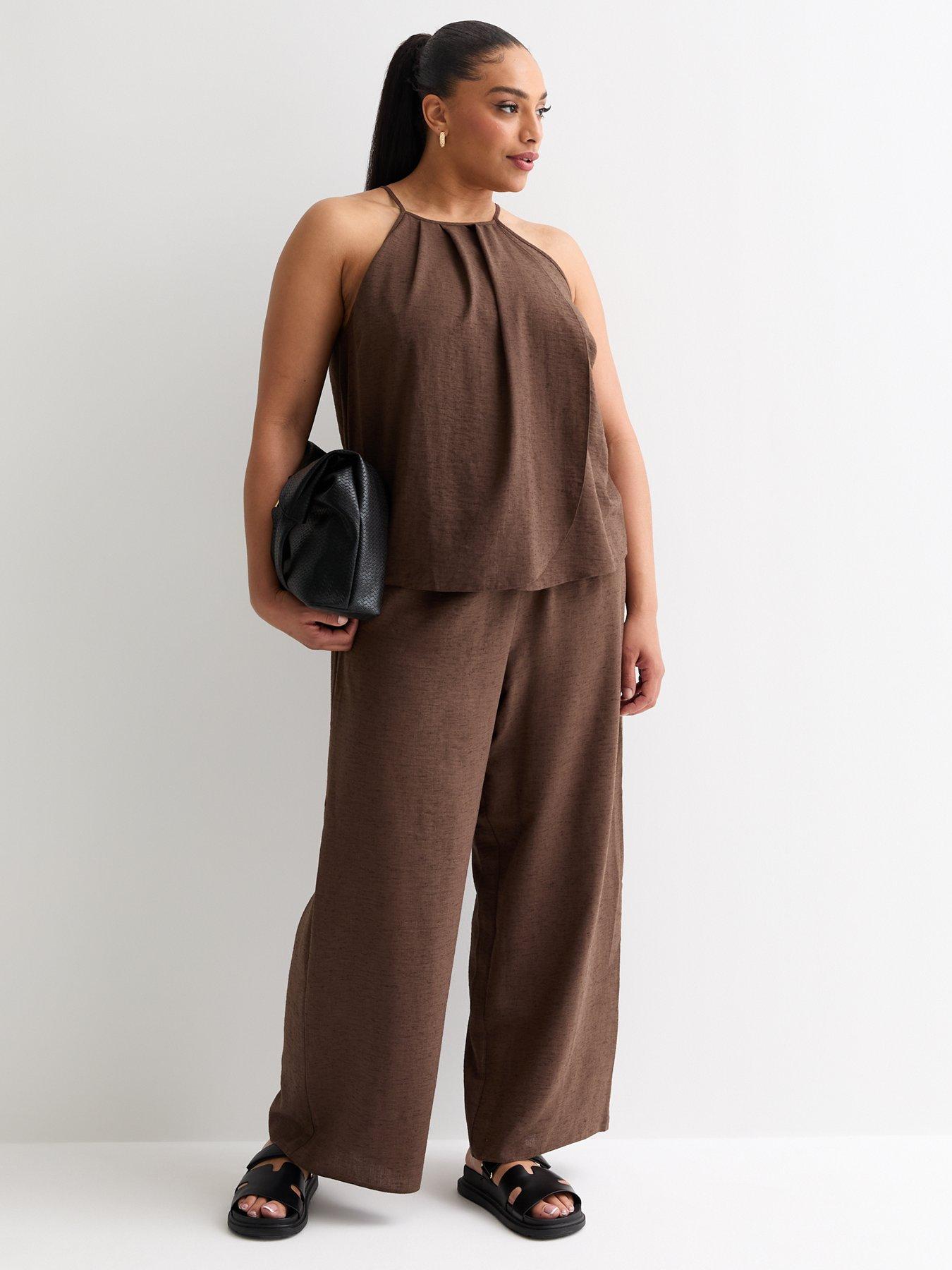 New Look Curves Dark Brown Wrap Front Linen Look Cami