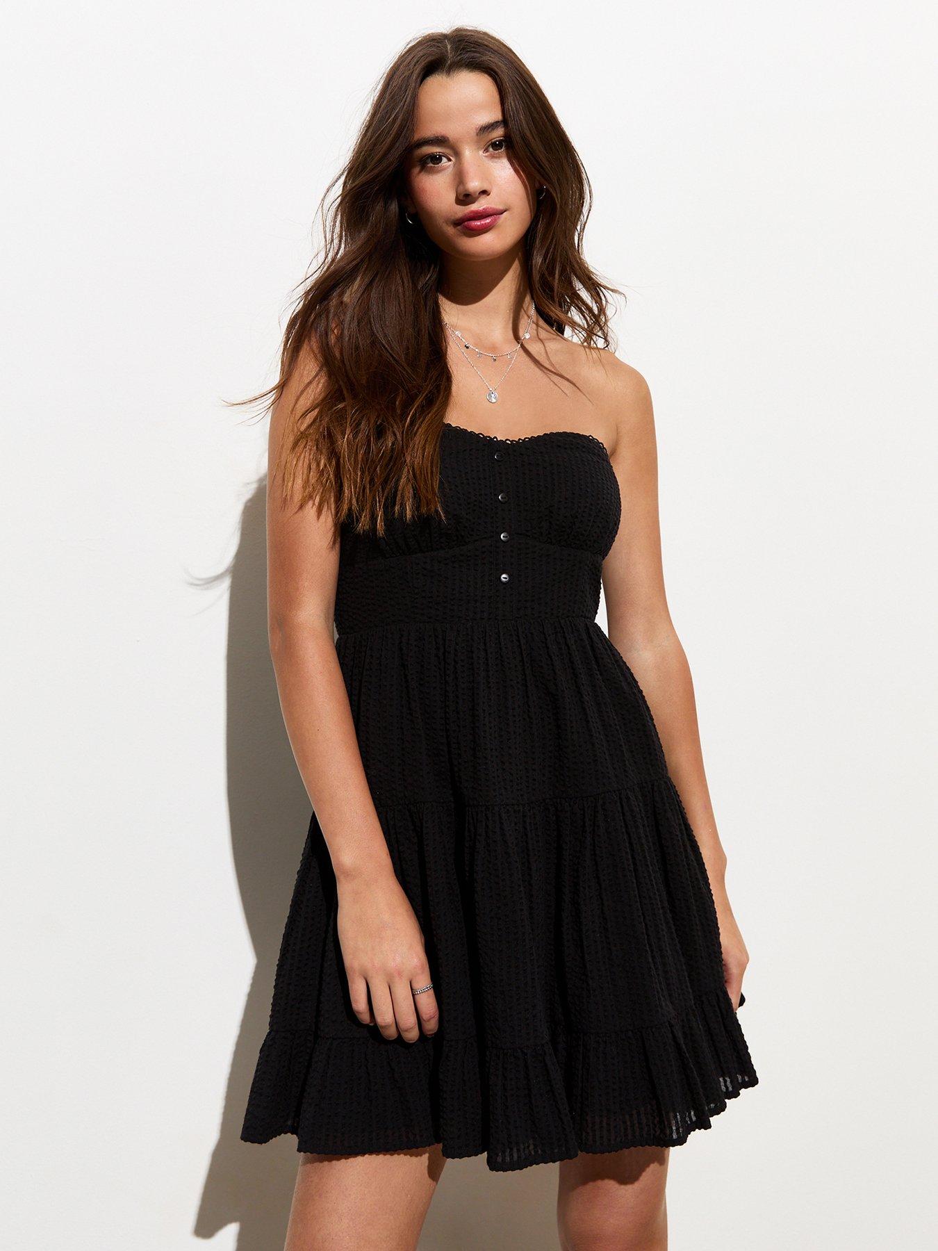 New Look Black Cotton Bandeau Lace Trim Mini Dress
