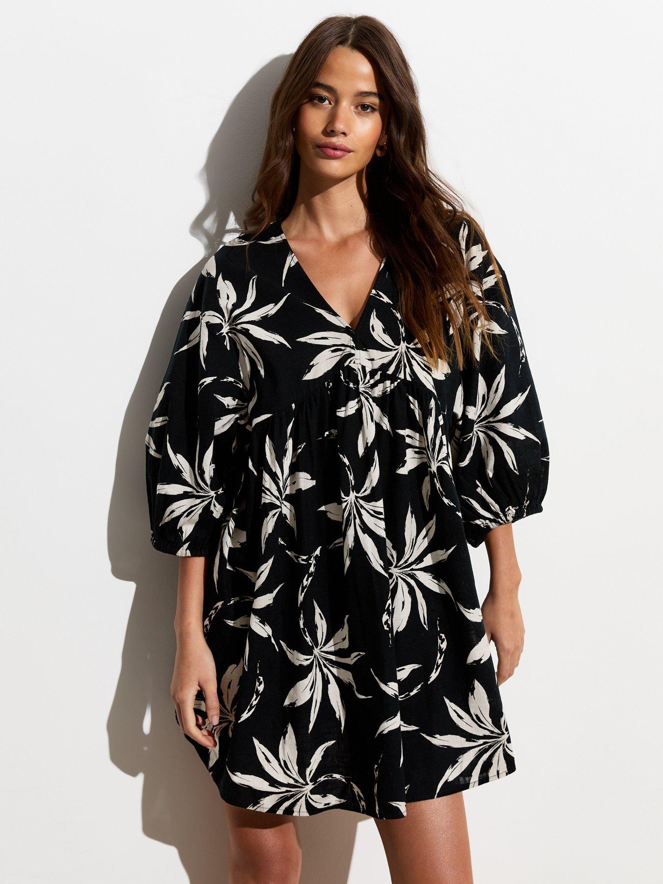 undefined Cotton Palm Mini Smock Dress - Black/Print
