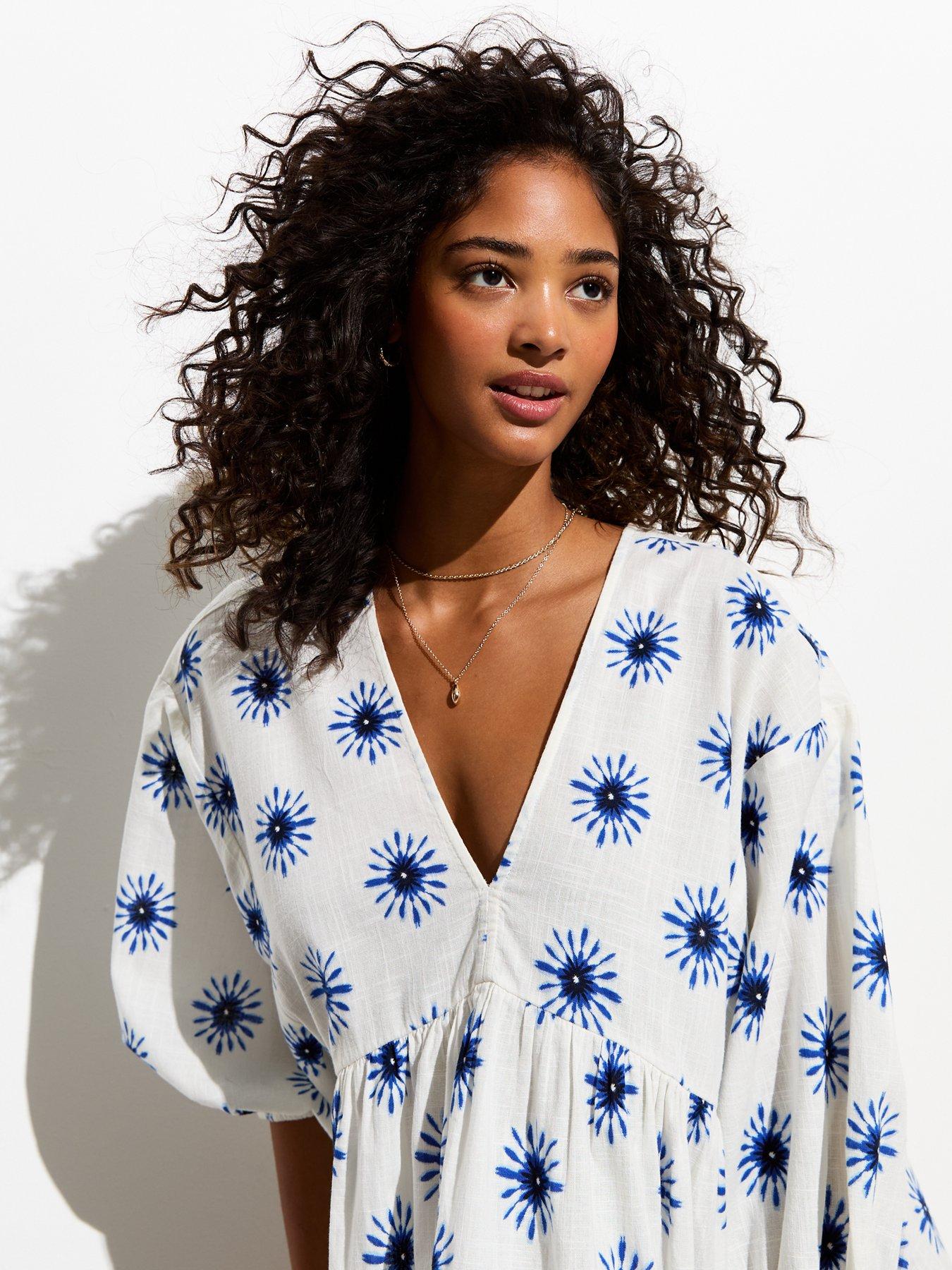 New Look White Cotton Star Tie Dye Print Mini Smock Dress | Very.co.uk