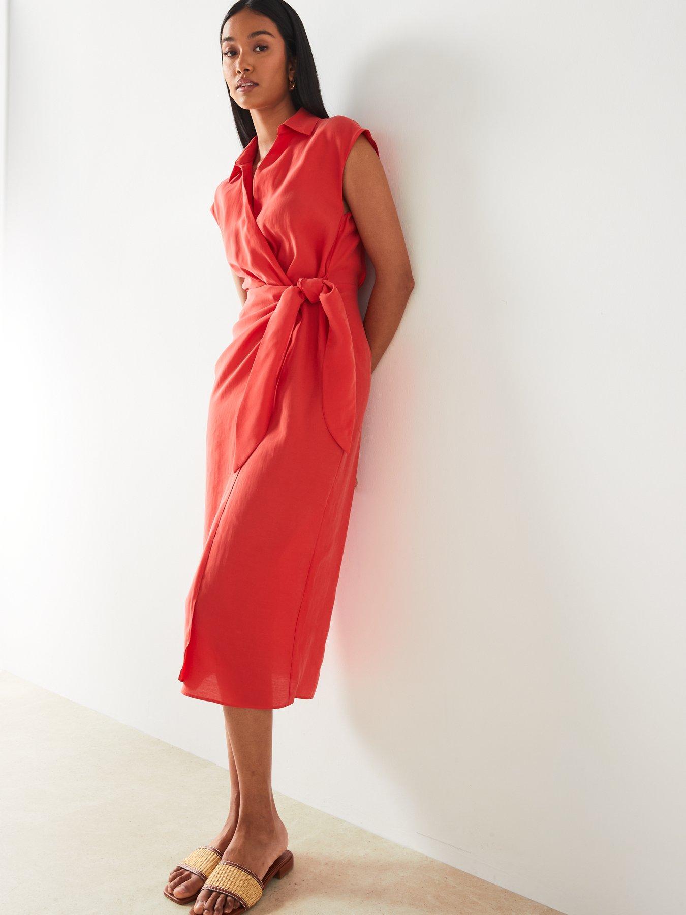 undefined Red Shirt-style Short Sleeve Wrap Midi Dress