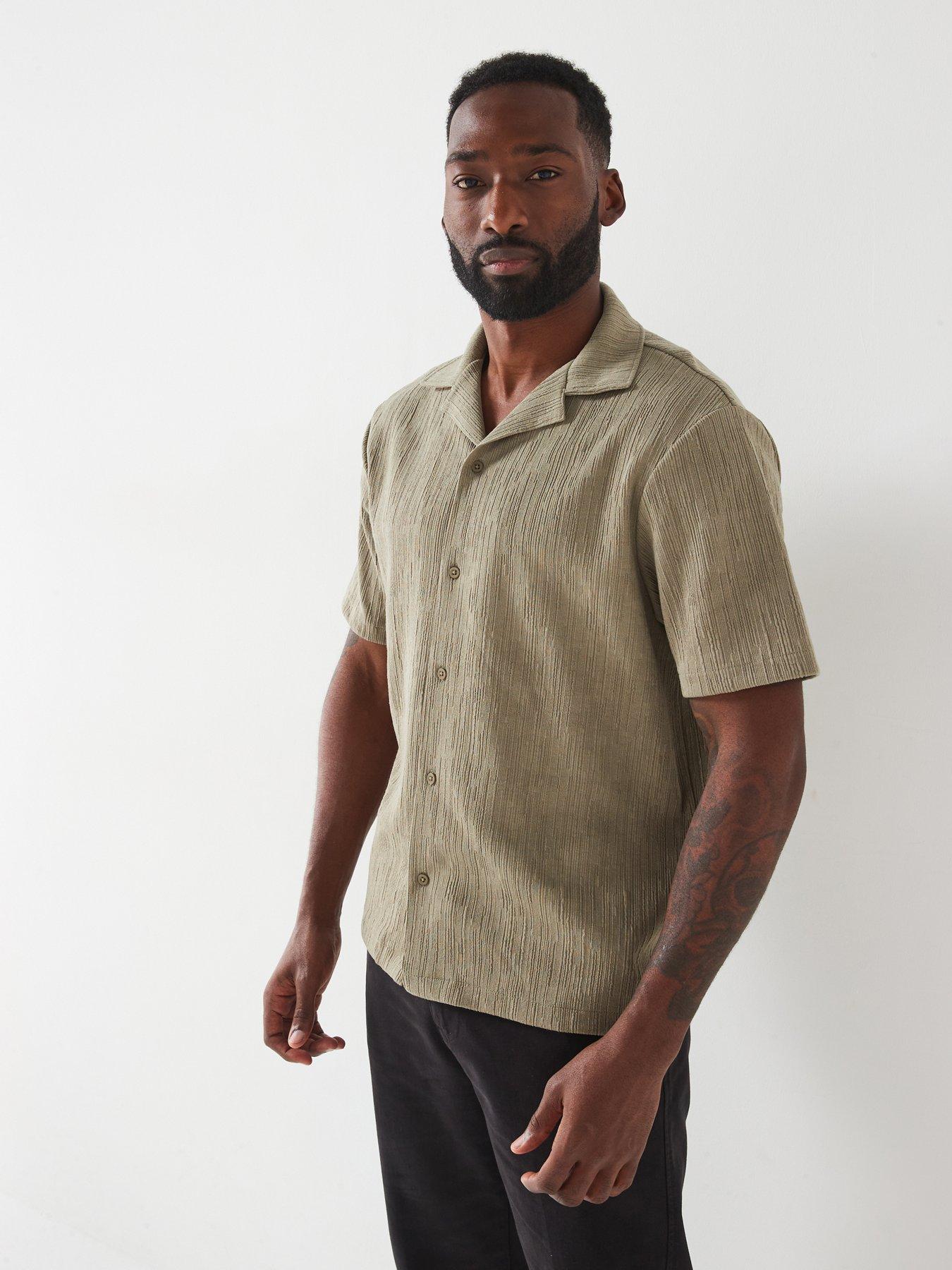 undefined Short Sleeve Regular Fit Revere Plisse Shirt - Khaki
