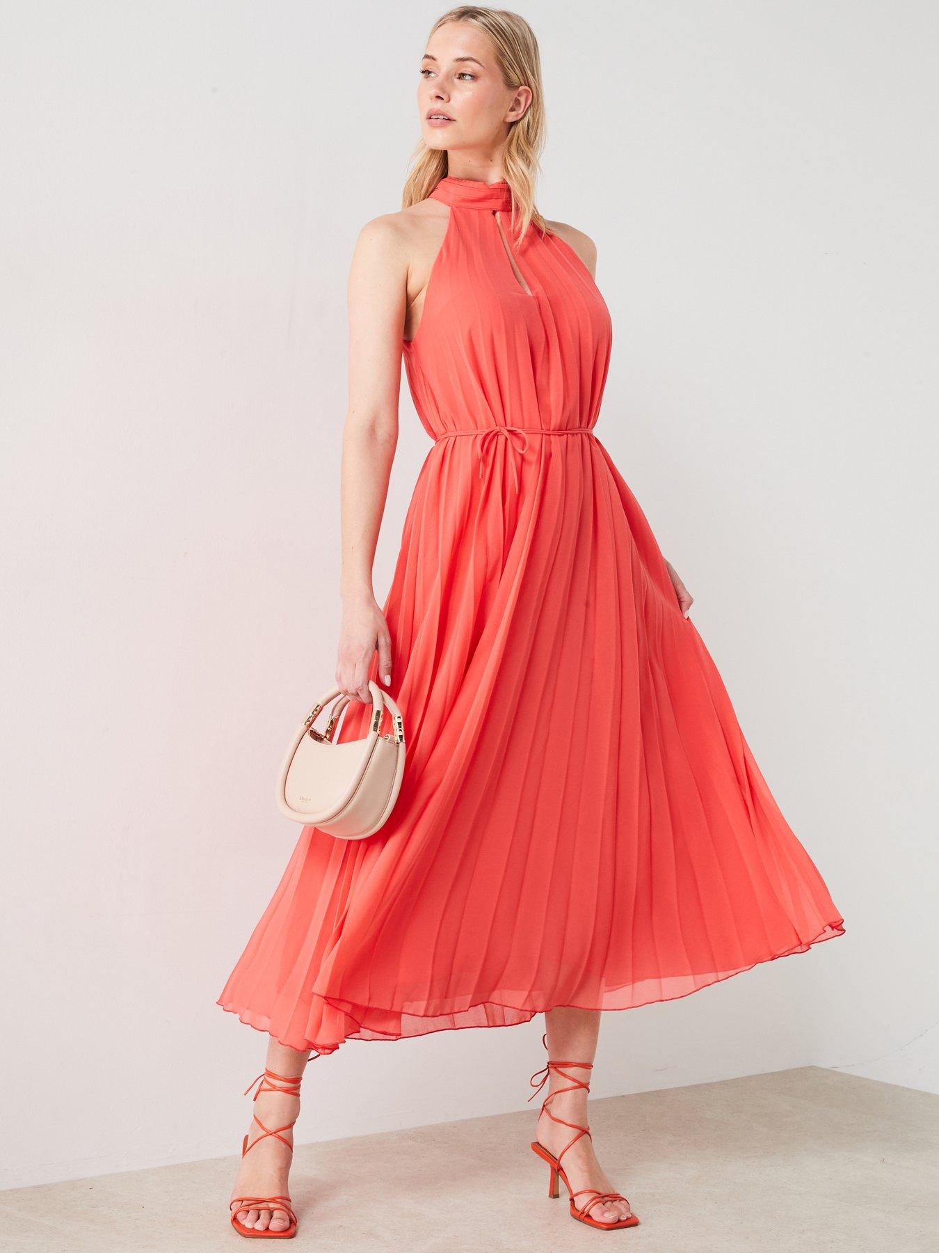 Pleated Halter Neck Midi Dress Coral