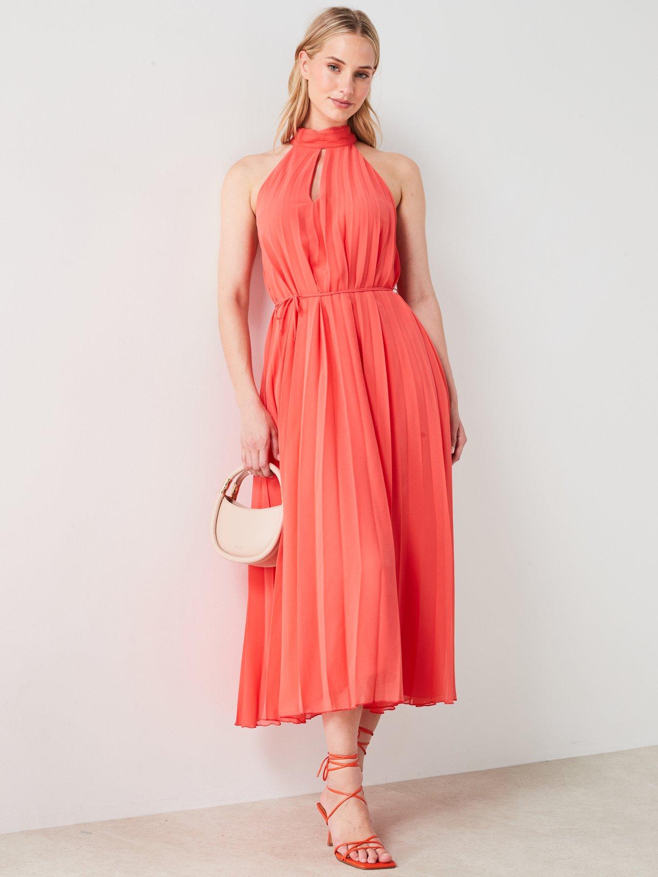 Mango Pleated Halter Neck Midi Dress - Coral | Very