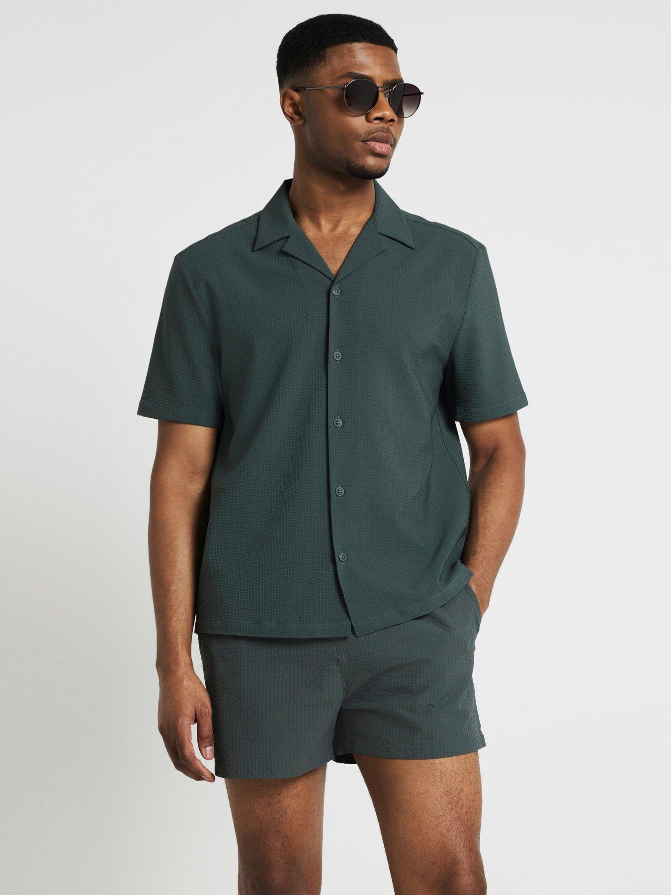 River Island Short Sleeve Seersucker Revere Shirt - Khaki | Very.co.uk