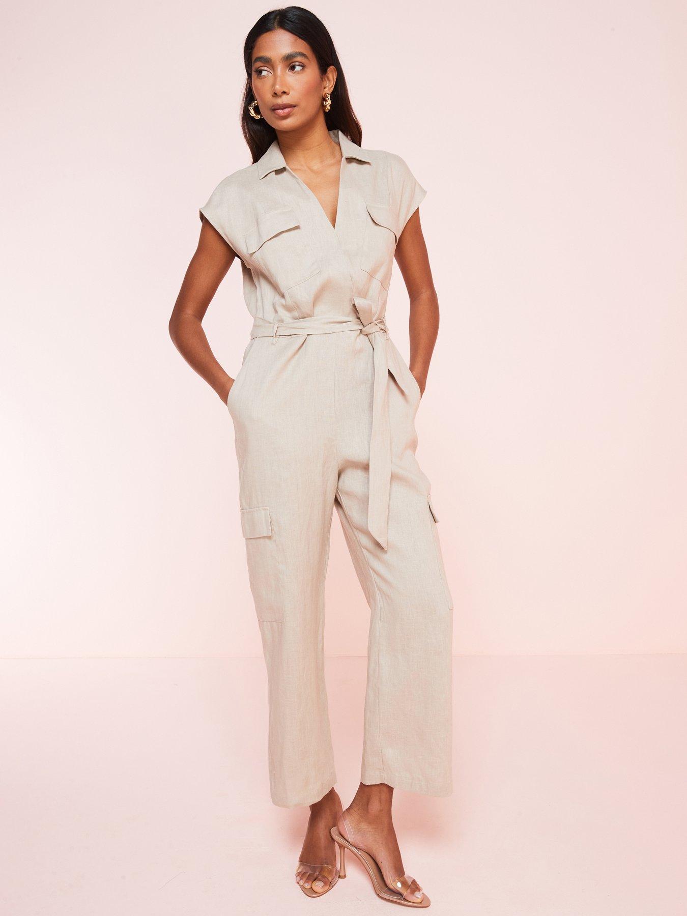 undefined Short Sleeve Tie Waist Cargo Jumpsuit