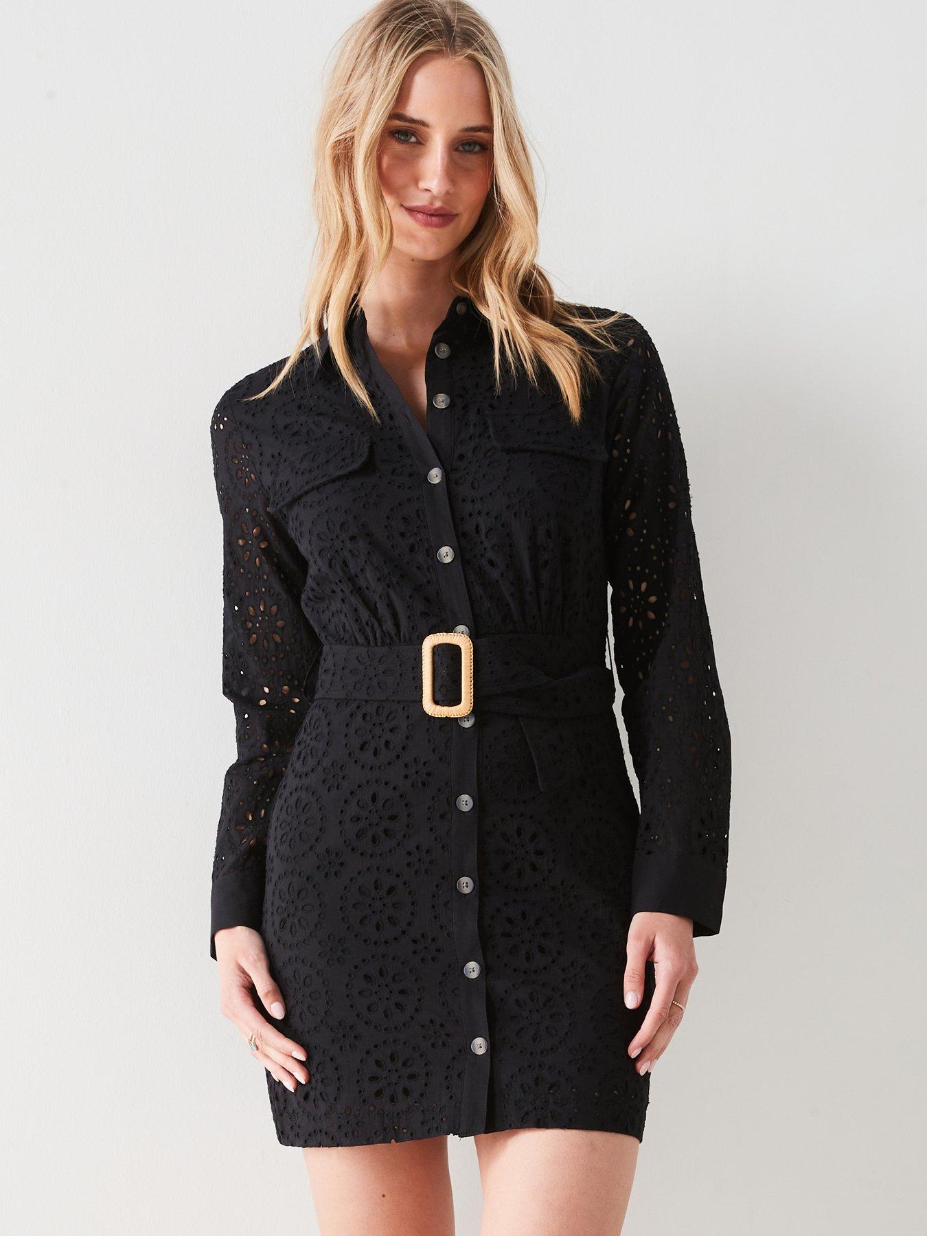 Swiss Embroidered Shirt Dress Black