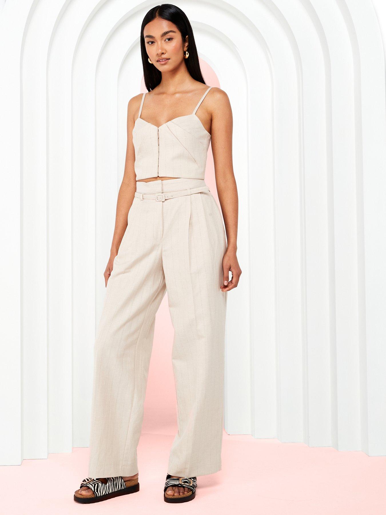undefined High Waist Belted Trousers - Cream
