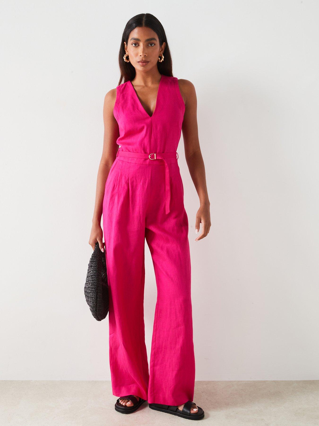 Mango Belted Linen Jumpsuit Pink