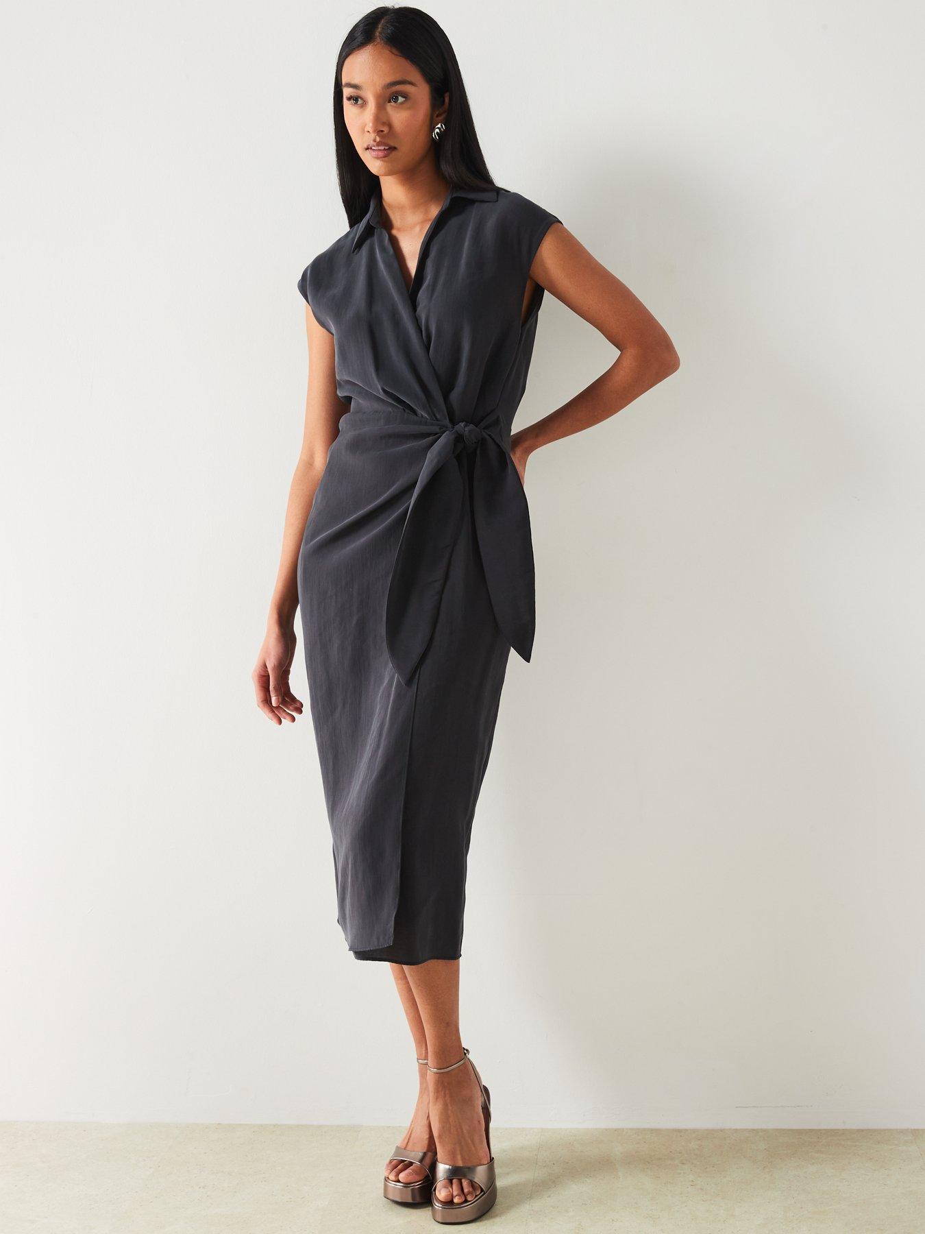 Mango Shirt-Style Short Sleeve Wrap Detail Midi Dress, Black, Size 6, Women