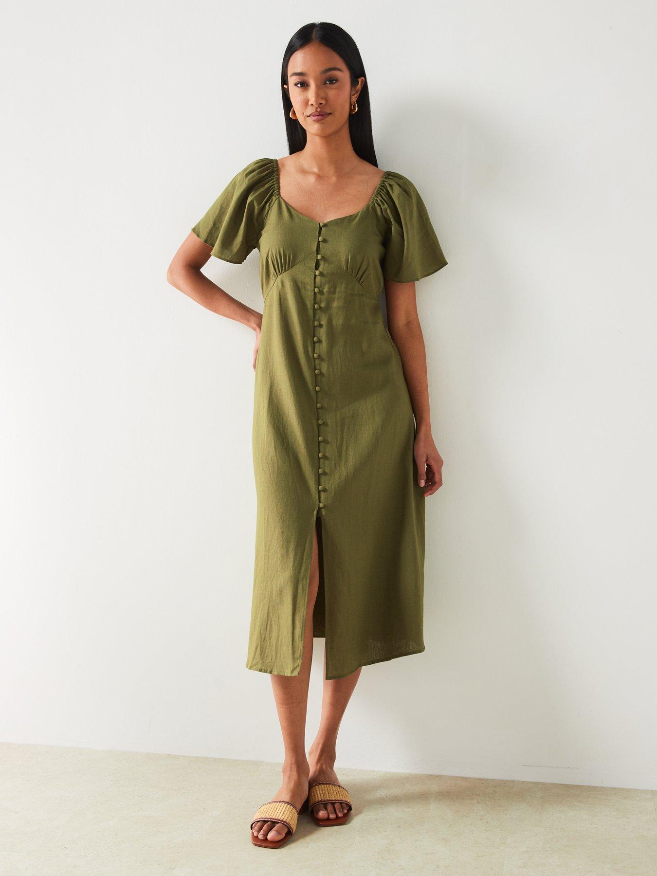 Green Linen Mix V neck Midi Dress