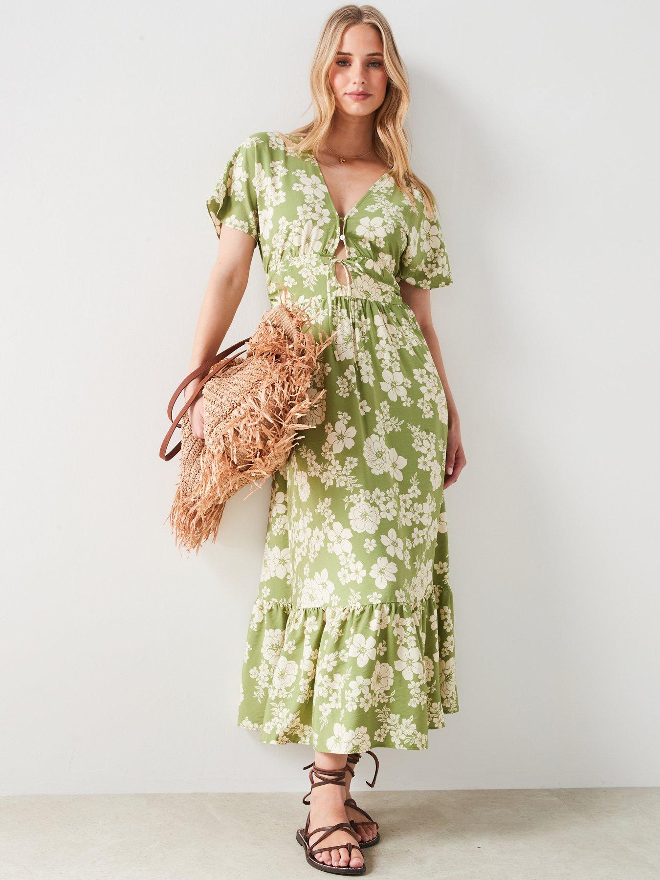 undefined Floral Print Cut Out Detail Midi Dress - Green