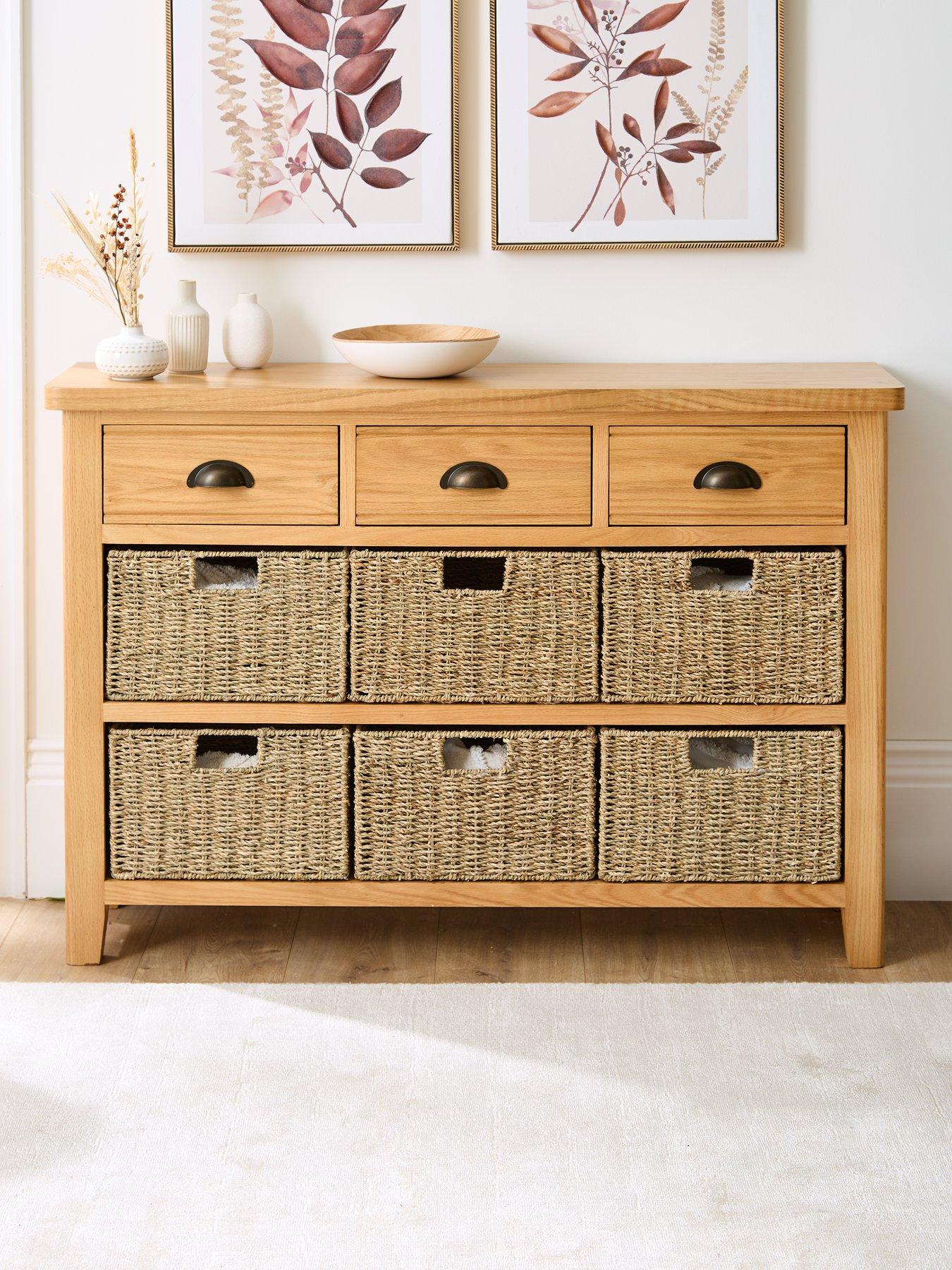 Very Home Ashwin Ready Assembled 3 Drawer, 6 Basket Sideboard In Rustic Oak - Contains Solid Wood