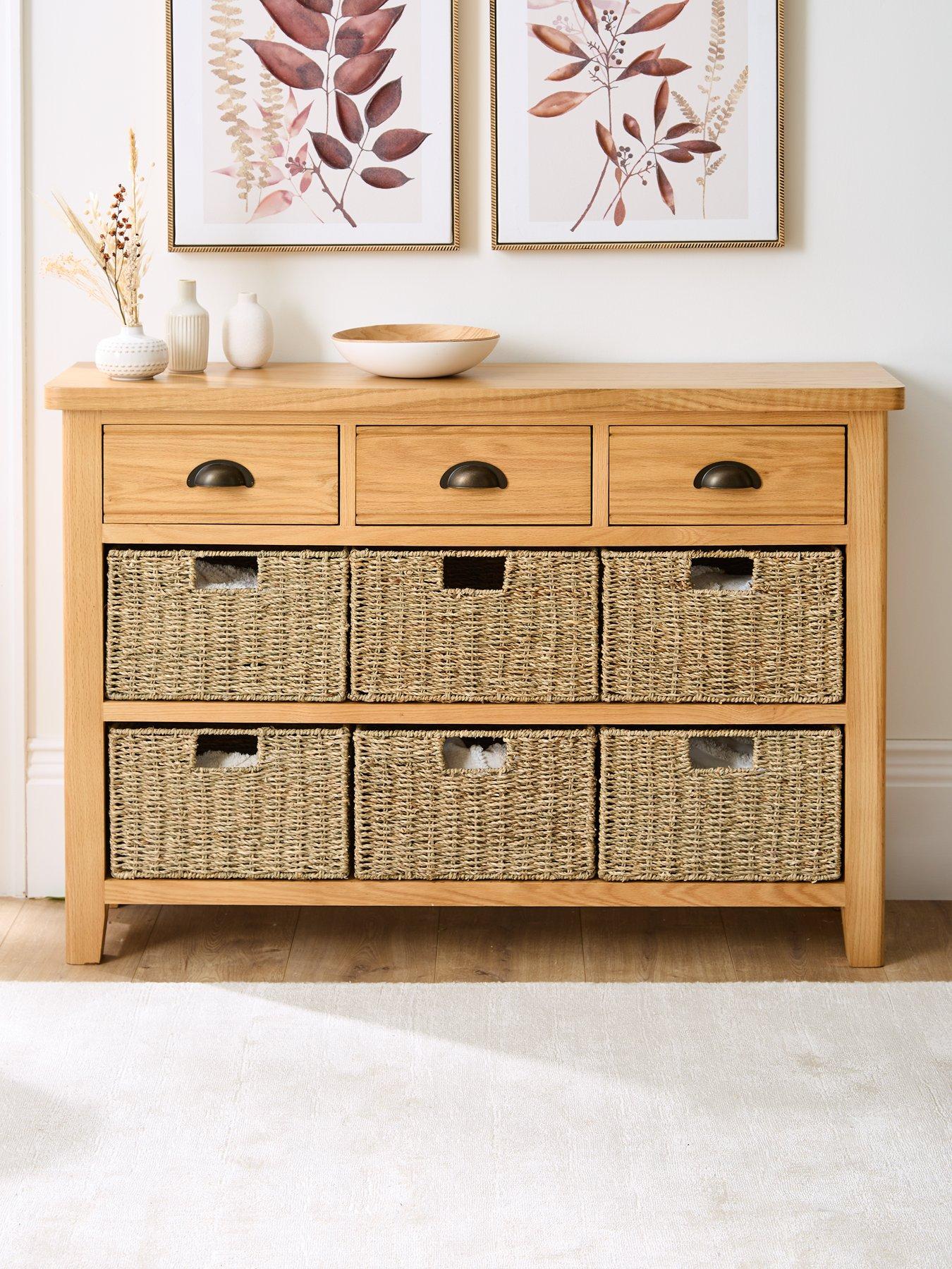 undefined Ashwin Ready Assembled 3 Drawer, 6 Basket Sideboard in Rustic Oak - contains Solid Wood