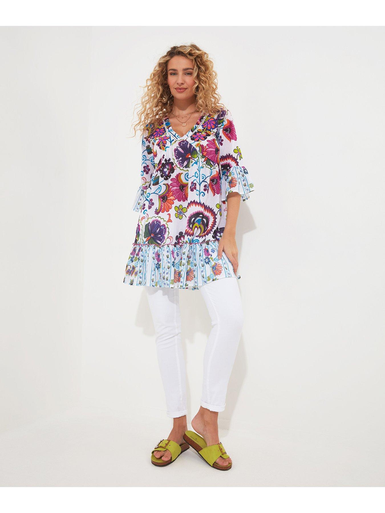 Joe Browns Floral Printed Beaded Tunic Top White Multi Uk