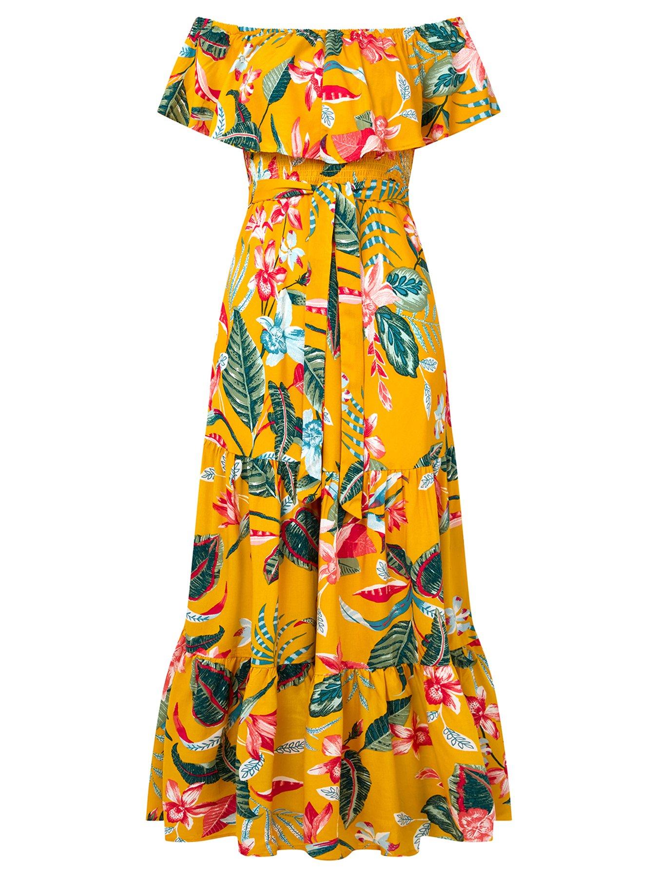 Joe Browns Tropical Print Bardot Midi Dress - Yellow | Very.co.uk