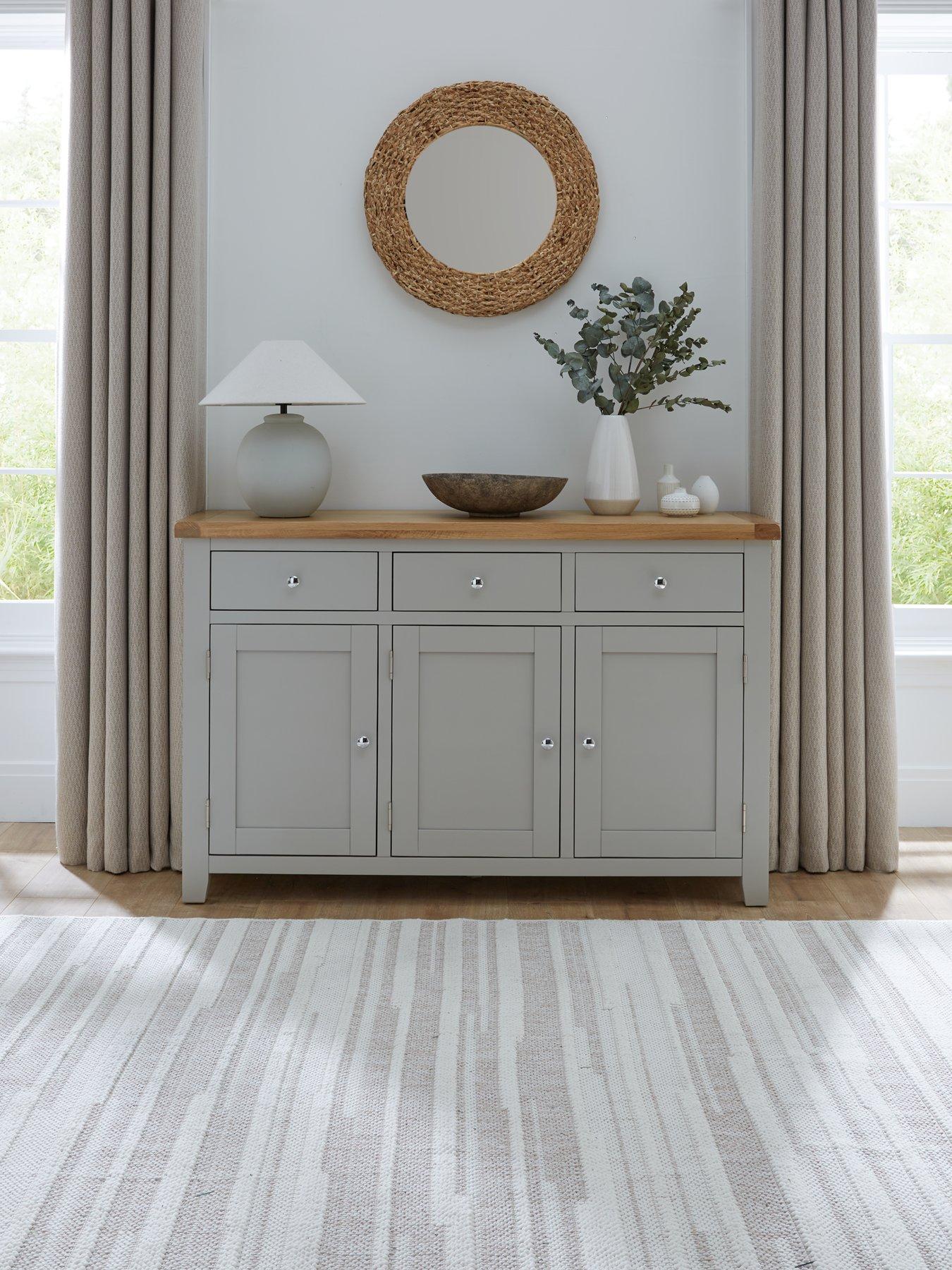 undefined Hamilton Ready Assembled 3 Door, 3 Drawer Sideboard - Light Grey/Oak - contains Solid Wood