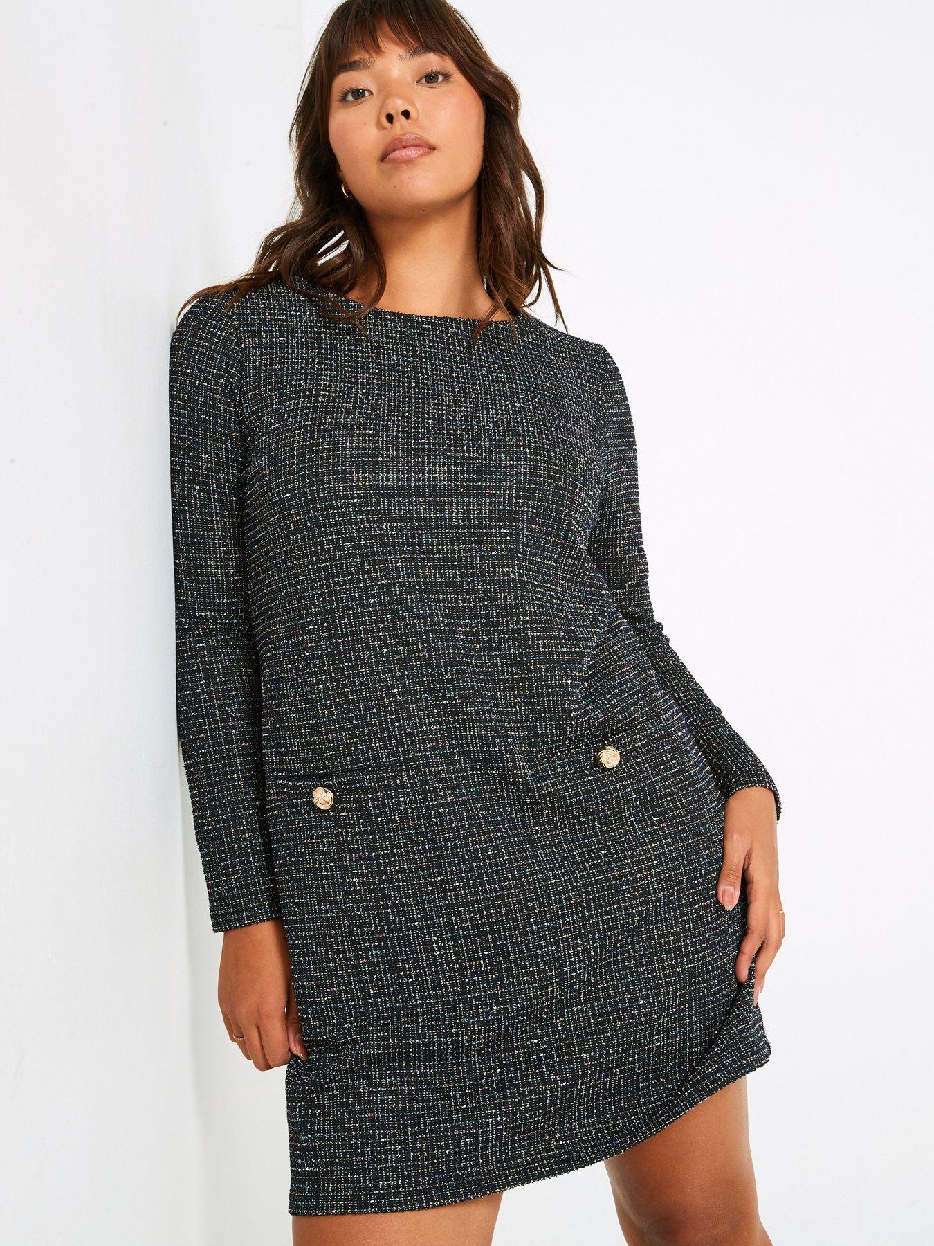 Long Sleeve Boucle Shift Dress Black