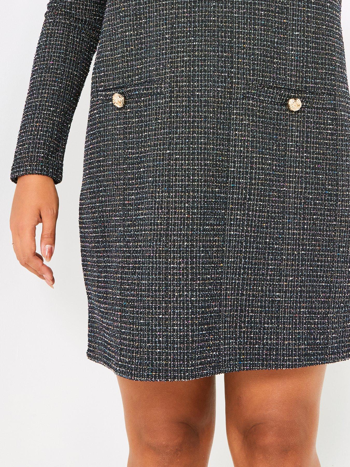 V by Very Curve Long Sleeve Boucle Shift Dress Black Very