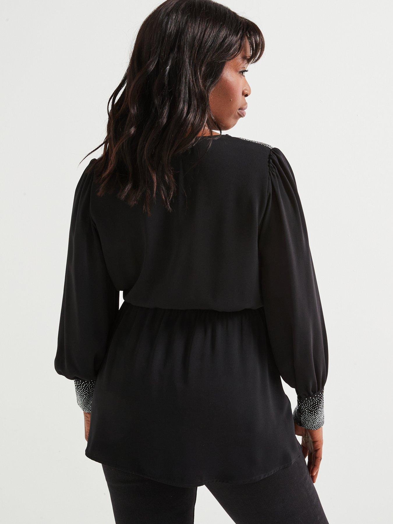 Image 2 of 6 of V by Very Curve Embellished Cuff &amp; Shoulder Wrap Blouse - Black