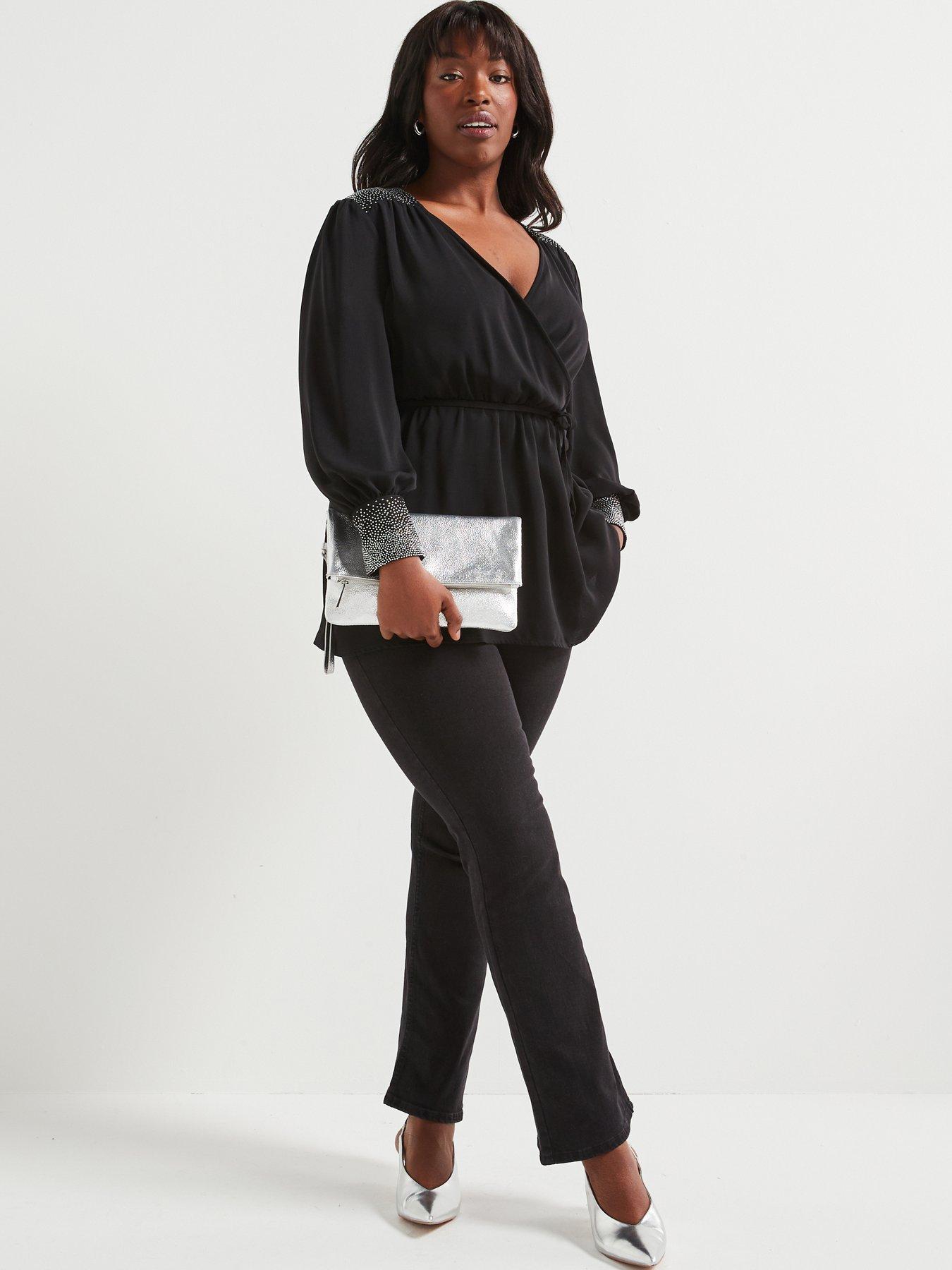 Image 3 of 6 of V by Very Curve Embellished Cuff &amp; Shoulder Wrap Blouse - Black
