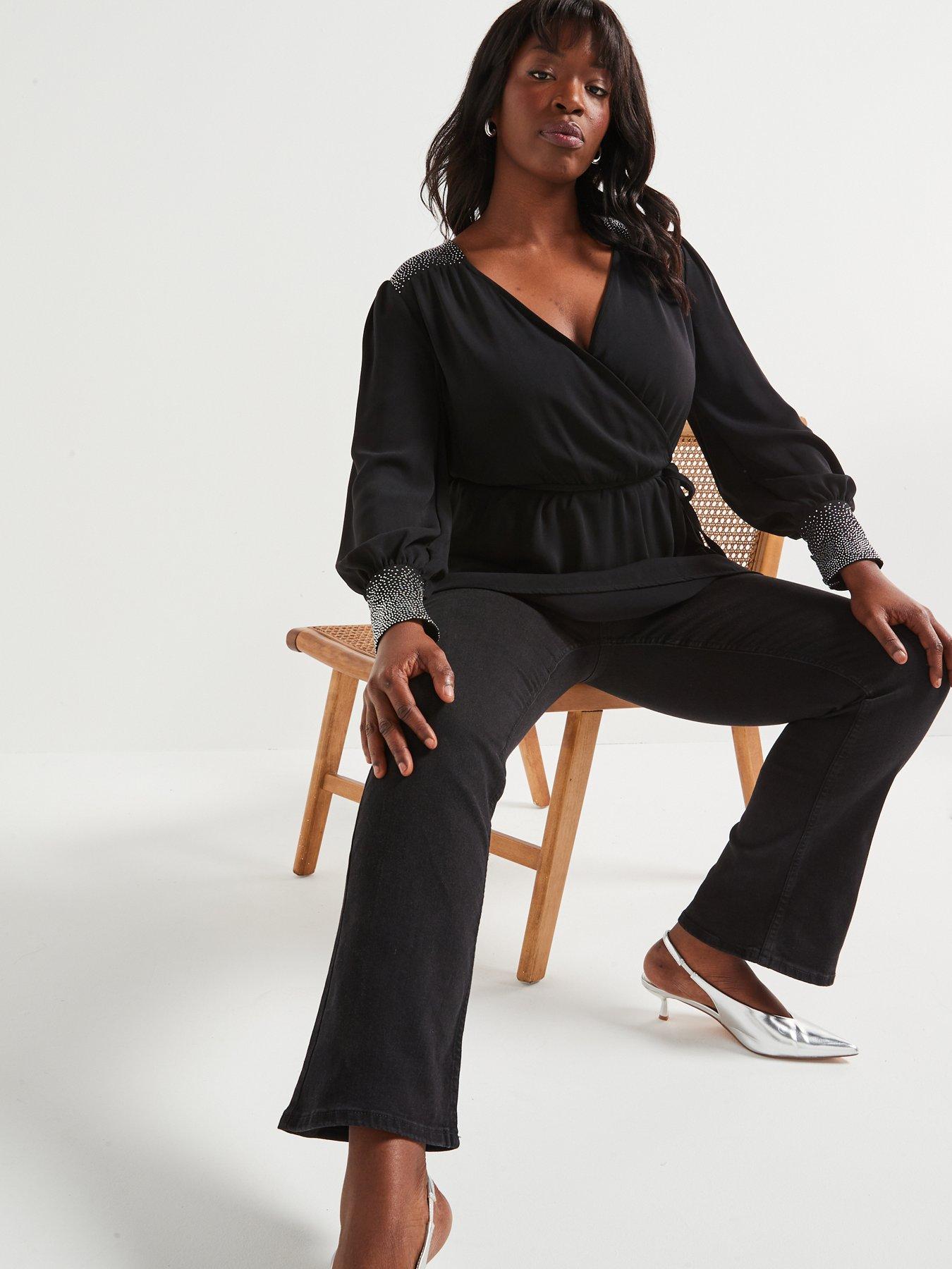 Image 5 of 6 of V by Very Curve Embellished Cuff &amp; Shoulder Wrap Blouse - Black