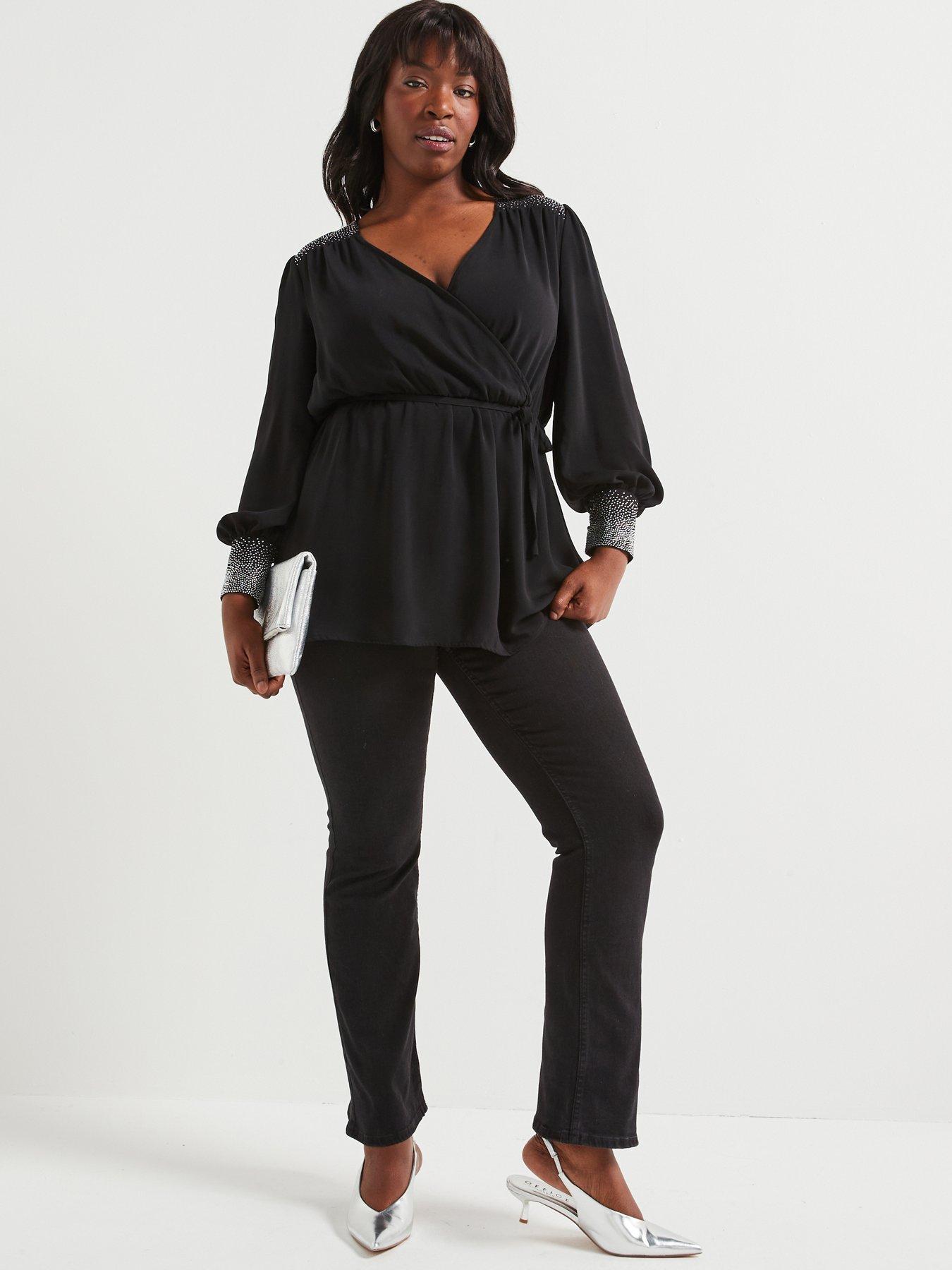 Image 6 of 6 of V by Very Curve Embellished Cuff &amp; Shoulder Wrap Blouse - Black